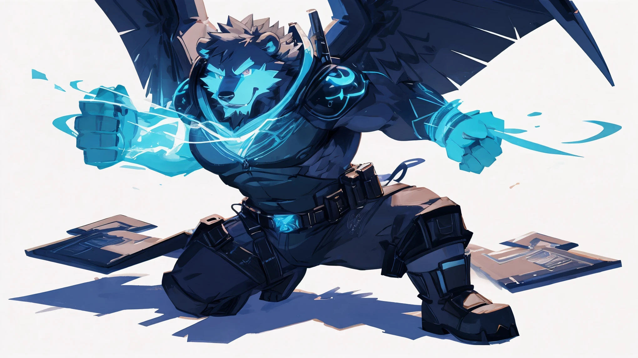 (masterpiece:1.2), best quality,pixiv,official art,perfect anatomy, (Ray tracing, light),solo, (1_male:1.3) , (muscle), (dark fur:1.4), (dynamic poses:1.6), (ultra deTailed), sharp focus, Negi, eyes, (glowing cyan eyes), hairy, (Gray fur:1.4),(muscle bear), (beard:1.2), Tail, Thick eyebrows,open hoodie, naked inside, cargo shorts, boots, ultra deTailed face, high deTails, high quality, (best quality,4K,8K,high resolution,masterpiece:1.2),bright colors, jumping , reach hand, (white background:1.3), (light flow:1.3)