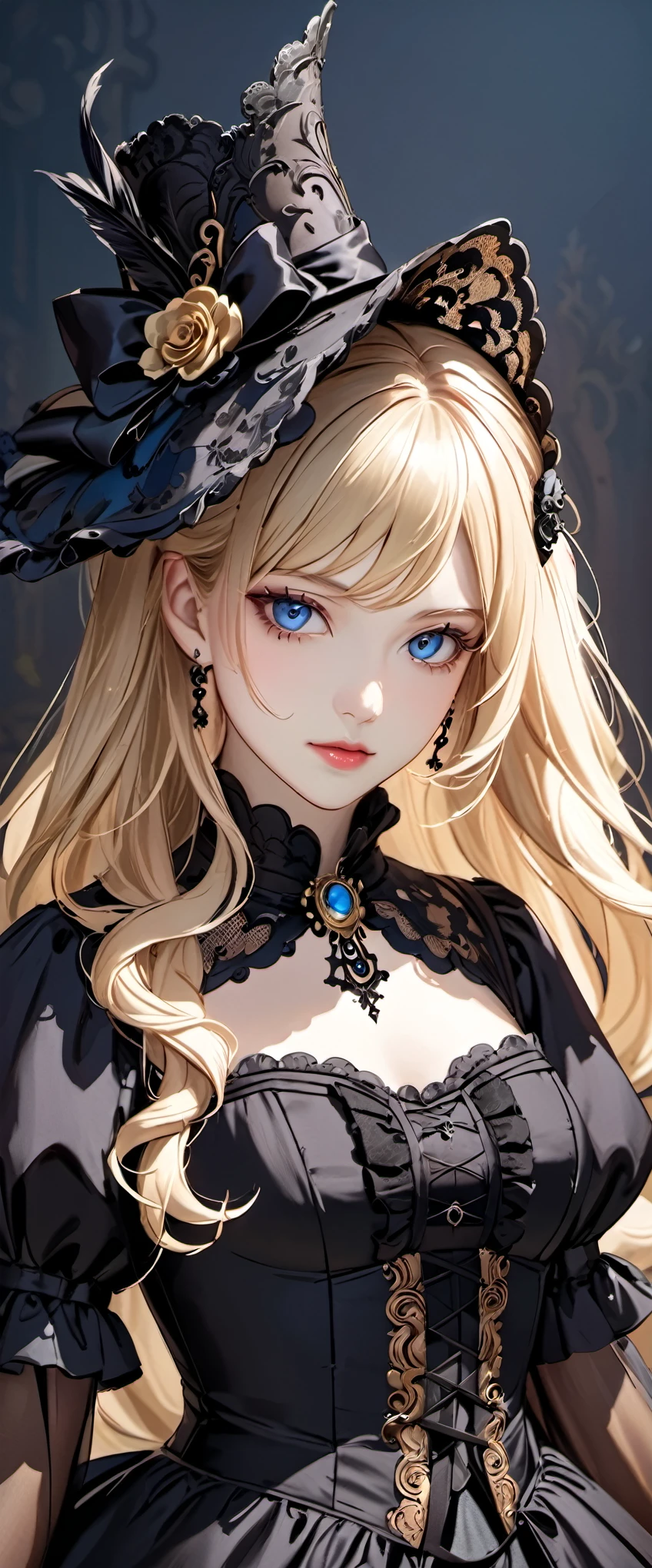 woman wearing dress and boots , baroque dress, wearing a detailed steampunk dress, elegant gothic princess, victorian gothic ta fashion, historical baroque dress dark, black gothic loliress, fantasy style clothing, rococo dress, black rococo, fantasy costume, wearing a gothic dress, romantic dress, gothic dress,blonde,,(((upper body portrait)))blue eyes