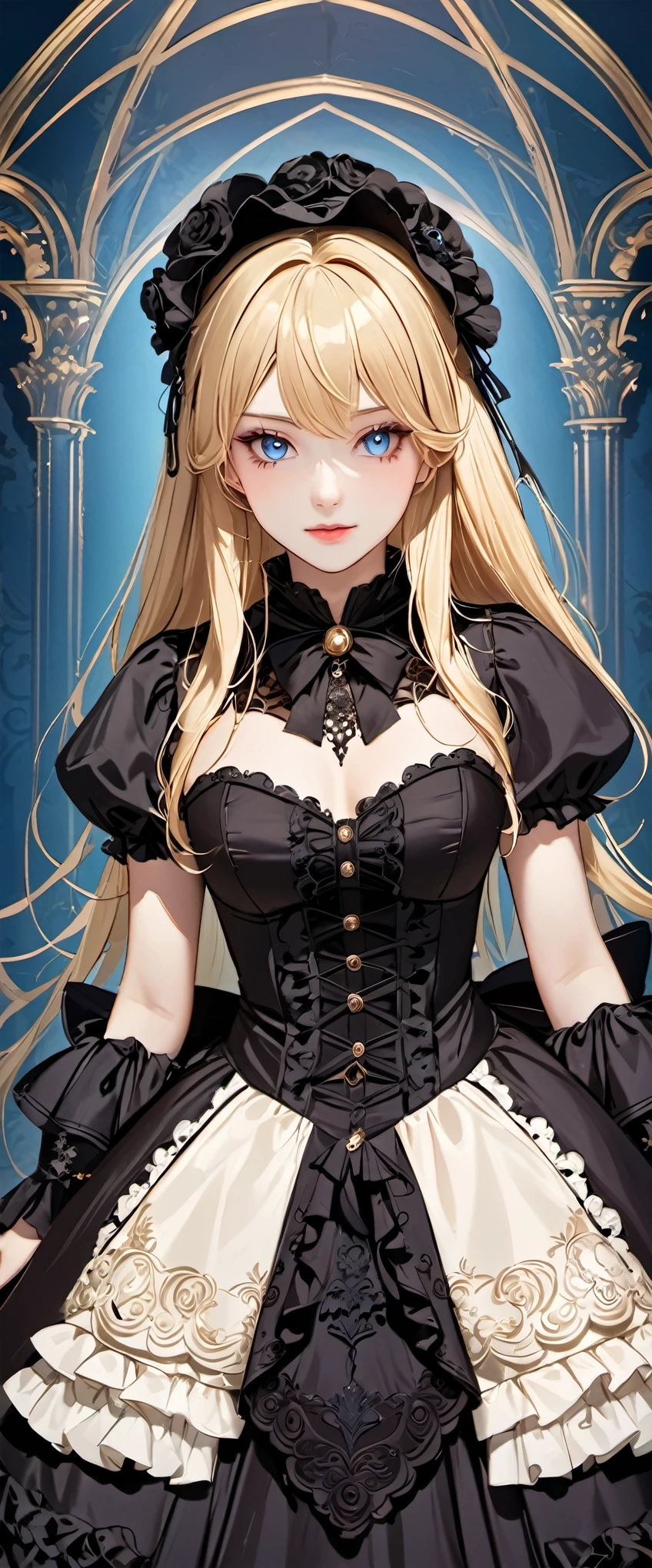woman wearing dress and boots , baroque dress, wearing a detailed steampunk dress, elegant gothic princess, victorian gothic ta fashion, historical baroque dress dark, black gothic loliress, fantasy style clothing, rococo dress, black rococo, fantasy costume, wearing a gothic dress, romantic dress, gothic dress,blonde,,(((upper body portrait)))blue eyes