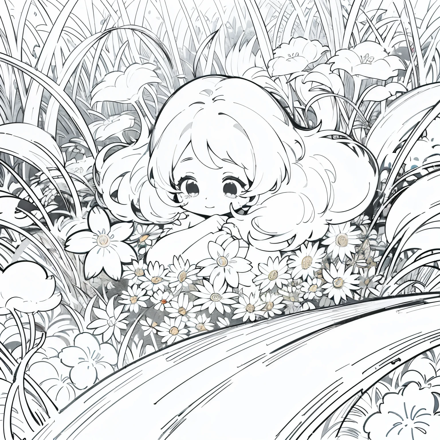 ((highest quality)), ((masterpiece)),simple design,coloring book,picture book,line drawing,black and white、A cute flower field spreading deep in the forest,conspicuous flower