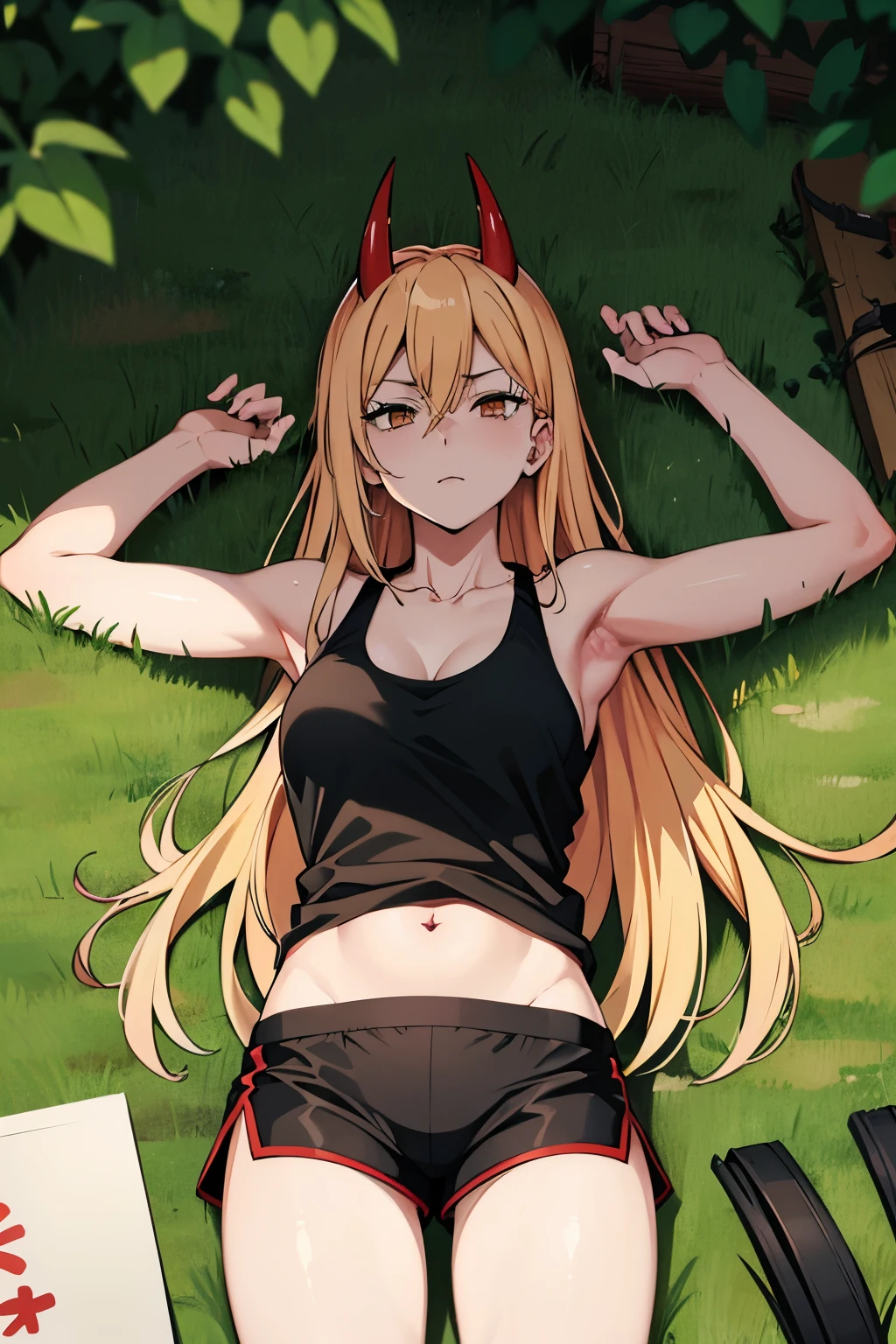 power, chainsawman anime, red horns, yellow hair, laying on the grass, white tank top, (woman boxer black shorts), scars on the skin