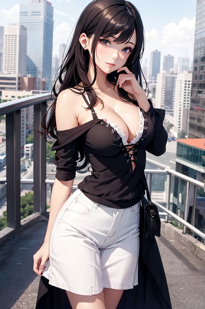 Girl in casual dress, medium breasts, cleavage, cityscape, flirty look, ((very detailed)), (perfectly detailed face), (fine hands) photorealistic images.