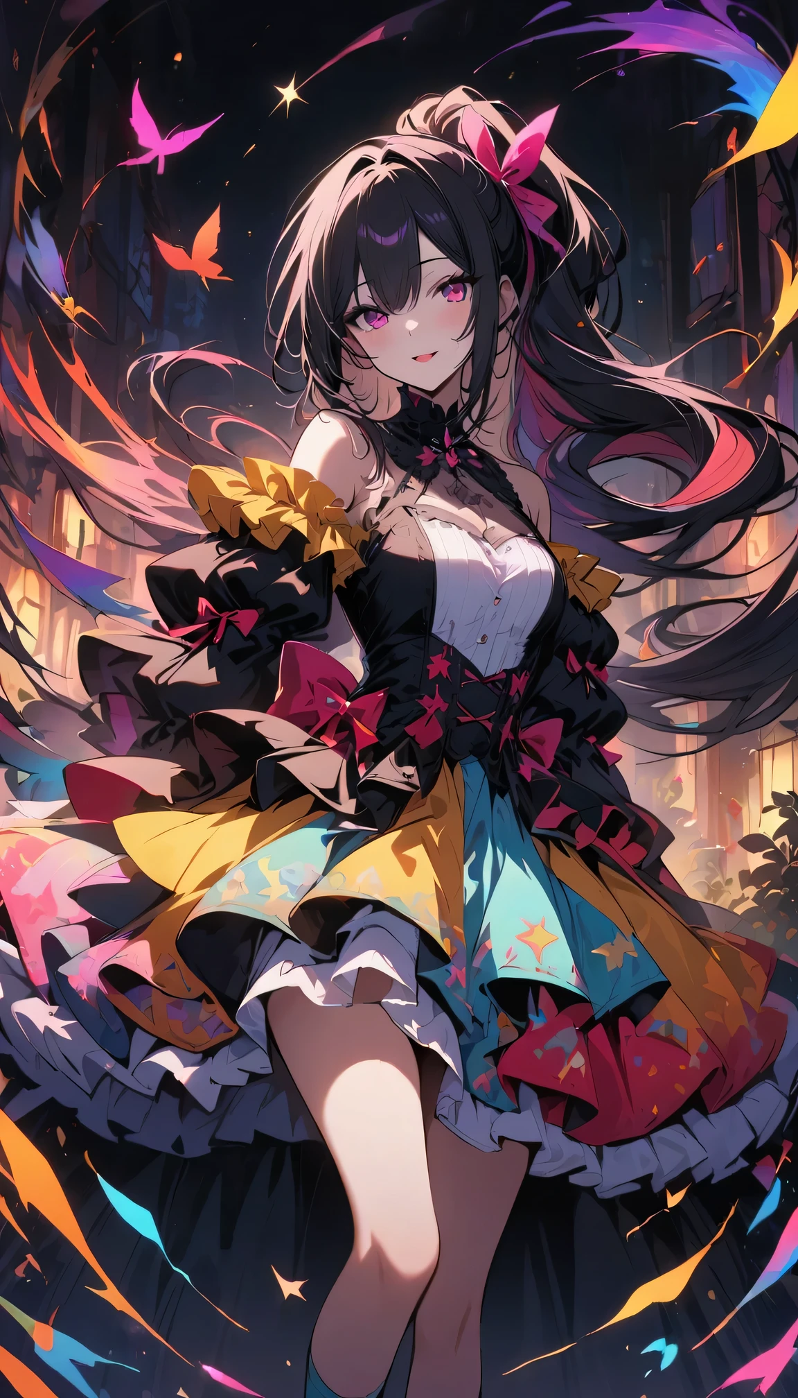 1 girl, Lovely ,  Number 25, Sweet colorful dress, Idol, There are stars on the face, medium long hair, Colorful hair. Japanese cartoons, full-body shot