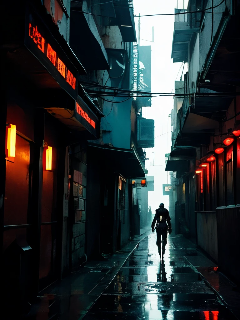 Tech Noir, dark cyberpunk atmosphere, An empty cyberpunk alley, background only, masterpiece, best quality, realistic digital art, Calm cyberpunk style