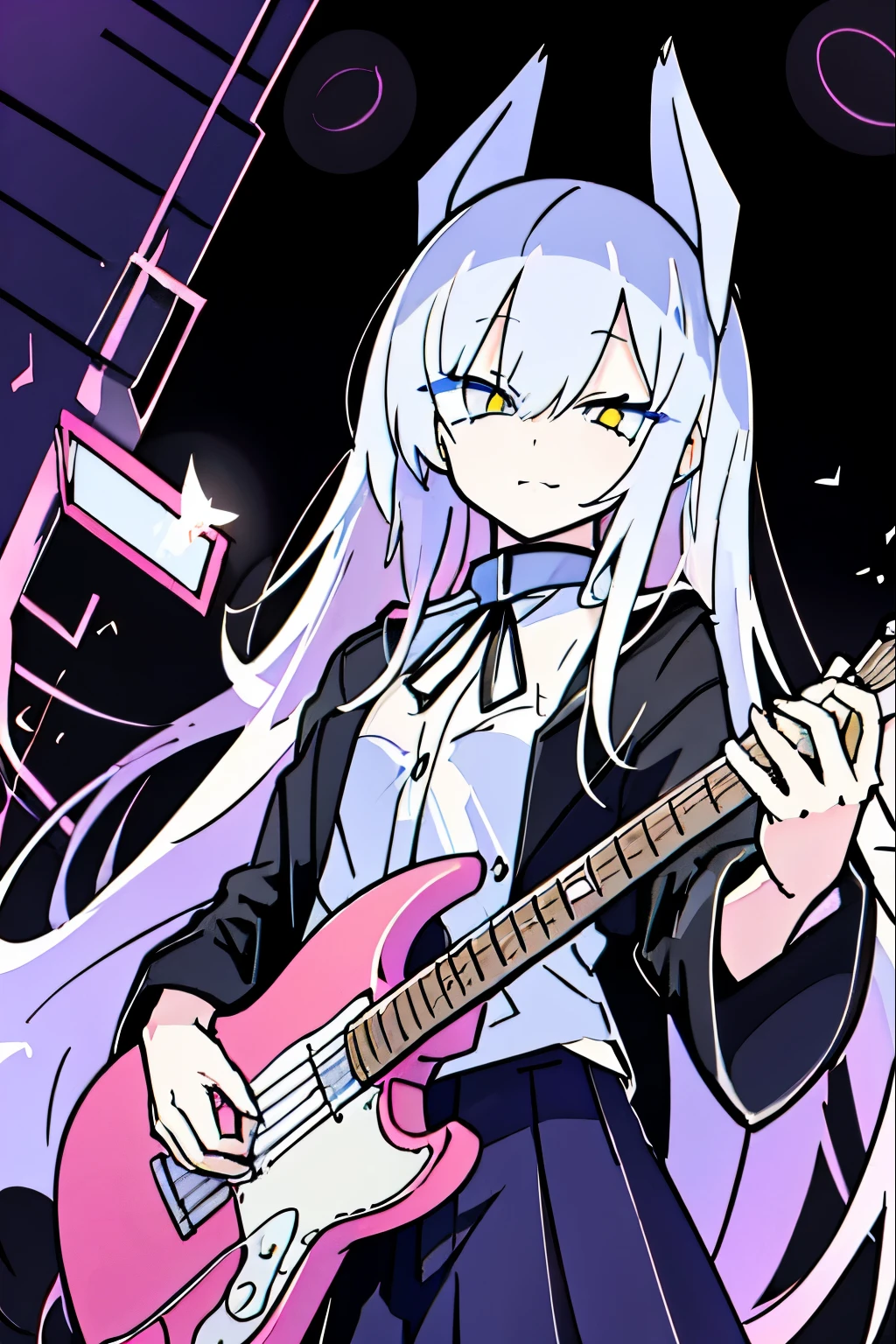 ((masutepiece)), ((Best Quality)), (Ultra-detailed), Anime style, Live performance venue, Cute s, 1girl in, Solo, Playing the guitar 00, ((Beautiful eyes))0, Smile,(((yellow eyes))),