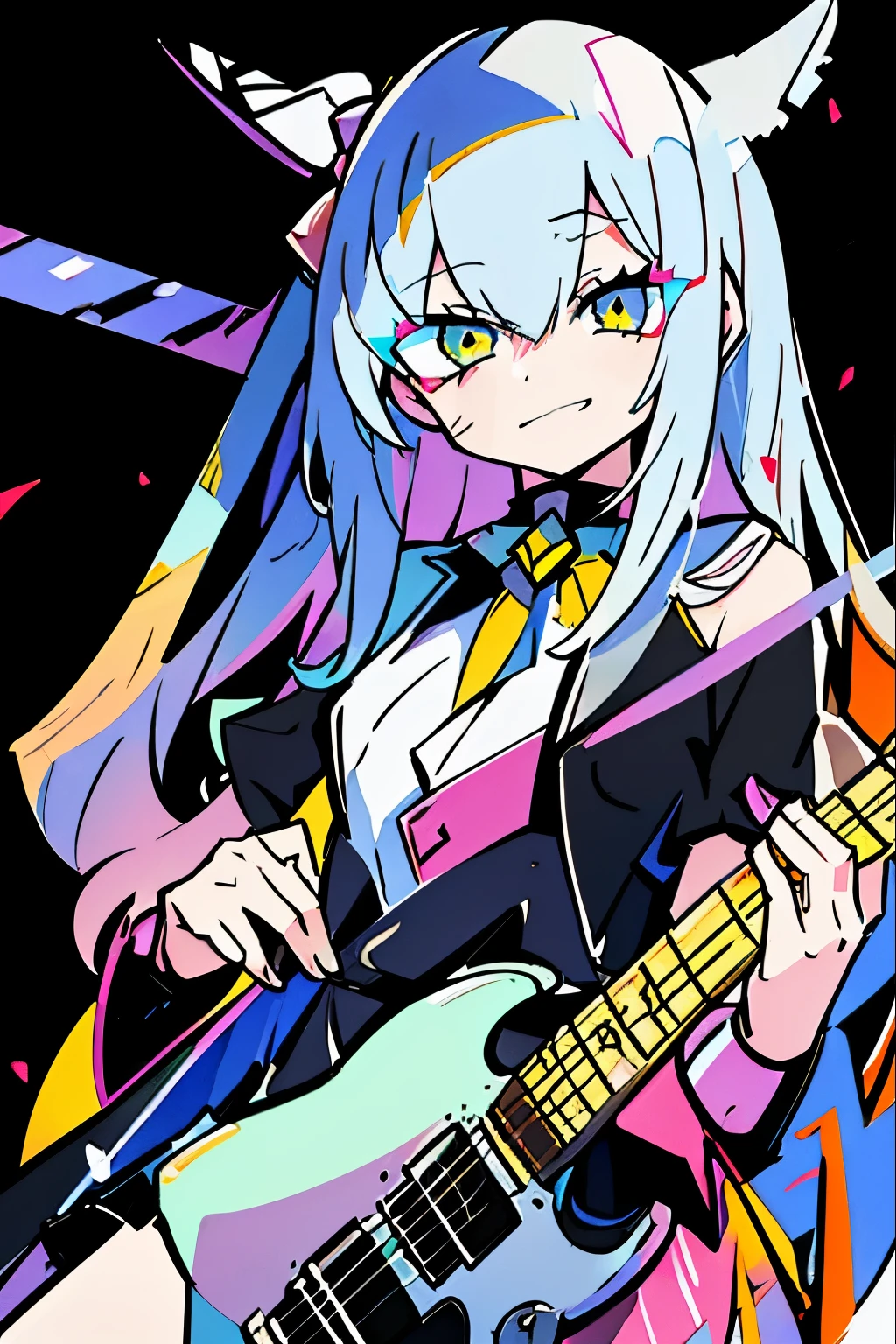 ((masutepiece)), ((Best Quality)), (Ultra-detailed), Anime style, Live performance venue, Cute s, 1girl in, Solo, Playing the guitar 00, ((Beautiful eyes))0, Smile,(((yellow eyes))),