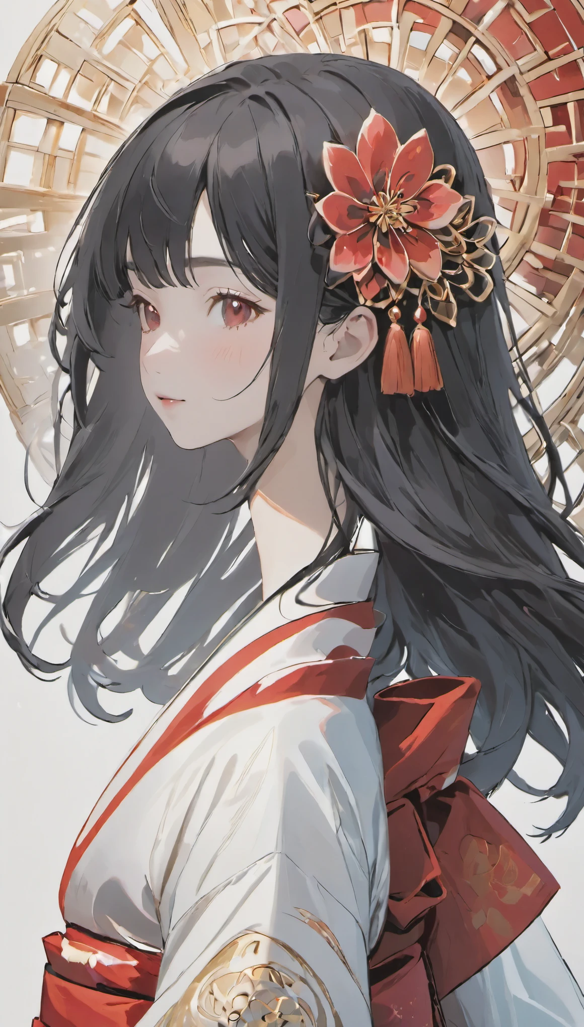 (((white background、White world)))、14 years、unity 8k wallpaper、Super detailed、beautiful beautiful、masterpiece、highest quality、(tangleた、mandala、tangle、tangle)、(fractal art:1.3)、one girl、beautiful black hair、Japanese、big pink、red kimono、Japanese clothing、very detailed、dynamic angle、cowboy shot、The most beautiful things form chaos、elegant、brutal design、bright colors、romance、atmosphere、ecstasy note、Streaming music notes will be displayed、(((white background、pure white background、Red circle)))