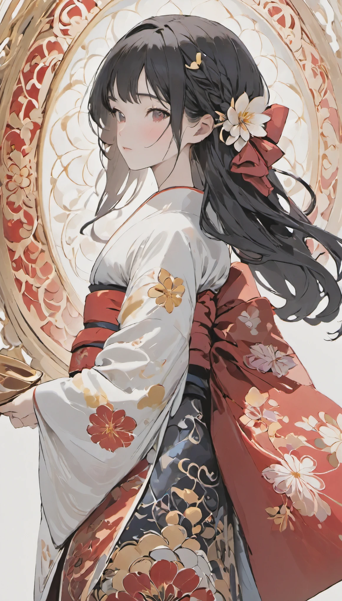 (((white background、White world)))、14 years、unity 8k wallpaper、Super detailed、beautiful beautiful、masterpiece、highest quality、(tangleた、mandala、tangle、tangle)、(fractal art:1.3)、one girl、beautiful black hair、Japanese、big pink、red kimono、Japanese clothing、very detailed、dynamic angle、cowboy shot、The most beautiful things form chaos、elegant、brutal design、bright colors、romance、atmosphere、ecstasy note、Streaming music notes will be displayed、(((white background、pure white background、Red circle)))