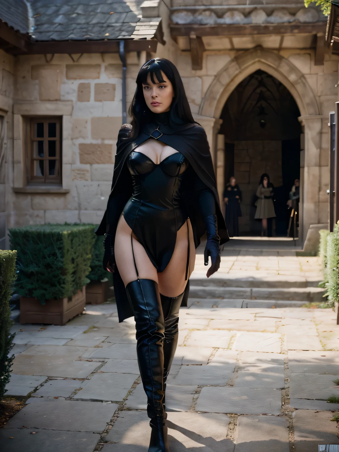 Serious and powerfull bettie page ,she wears a long, and large very aristocratich and cloak of medieval black cloth , high knee boots and long black gloves, walking in the courtyard of her castle checking the military guards,, 8k, RAW photo, best quality, depth of field, ultra high res:1.2),, the photo is from above