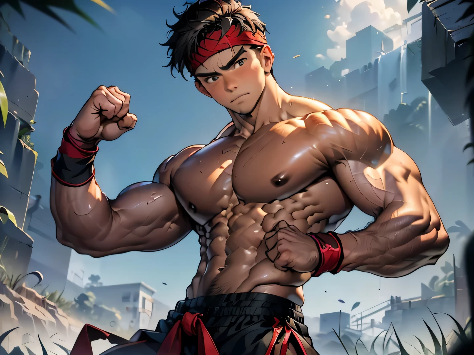 (Masterpiece, Best quality 18 year old boy, simple background, cowboy shot), focus boy, solo, Young, boy, full bodyesbian, Shirtless, topless, (Dark Short straight hair, under cut, brown eyes), (torn cloth, red headband, ((black wristband))), Vivid colors, (hot Abs, big breast, chest muscle, upper arms), (topless male), closed mouth, serious, tight muscler body, Man with martial arts stance, (((epic martial arts pose)))