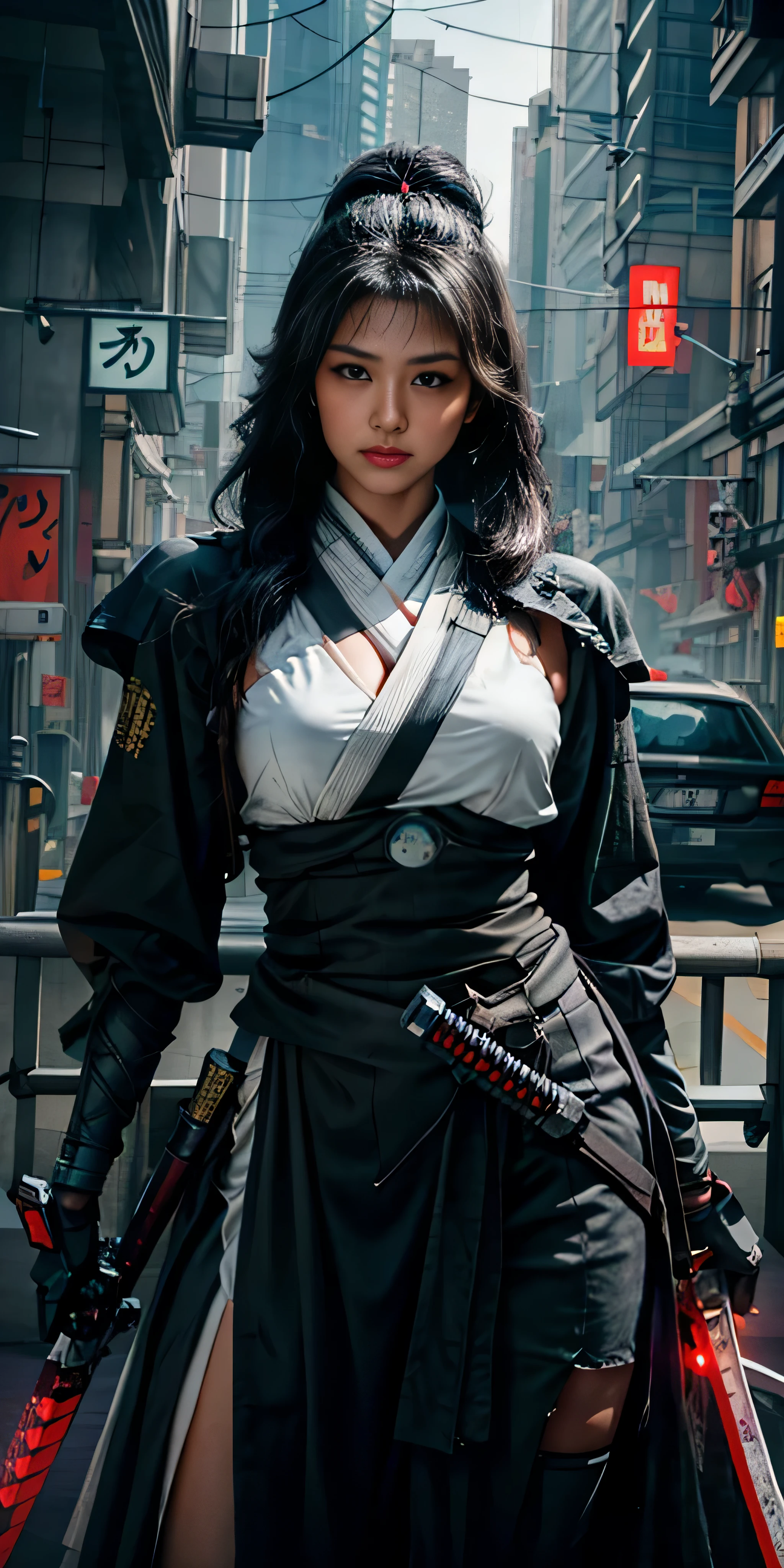 photorealistic, high resolution, soft light,1women, solo, hips up, (detailed face), black long hair, cybersamurai, cyborg, cyberpunk,  cyber armor, holding weapon,glowing,on the street , kimono , sniper looking at the target, katana