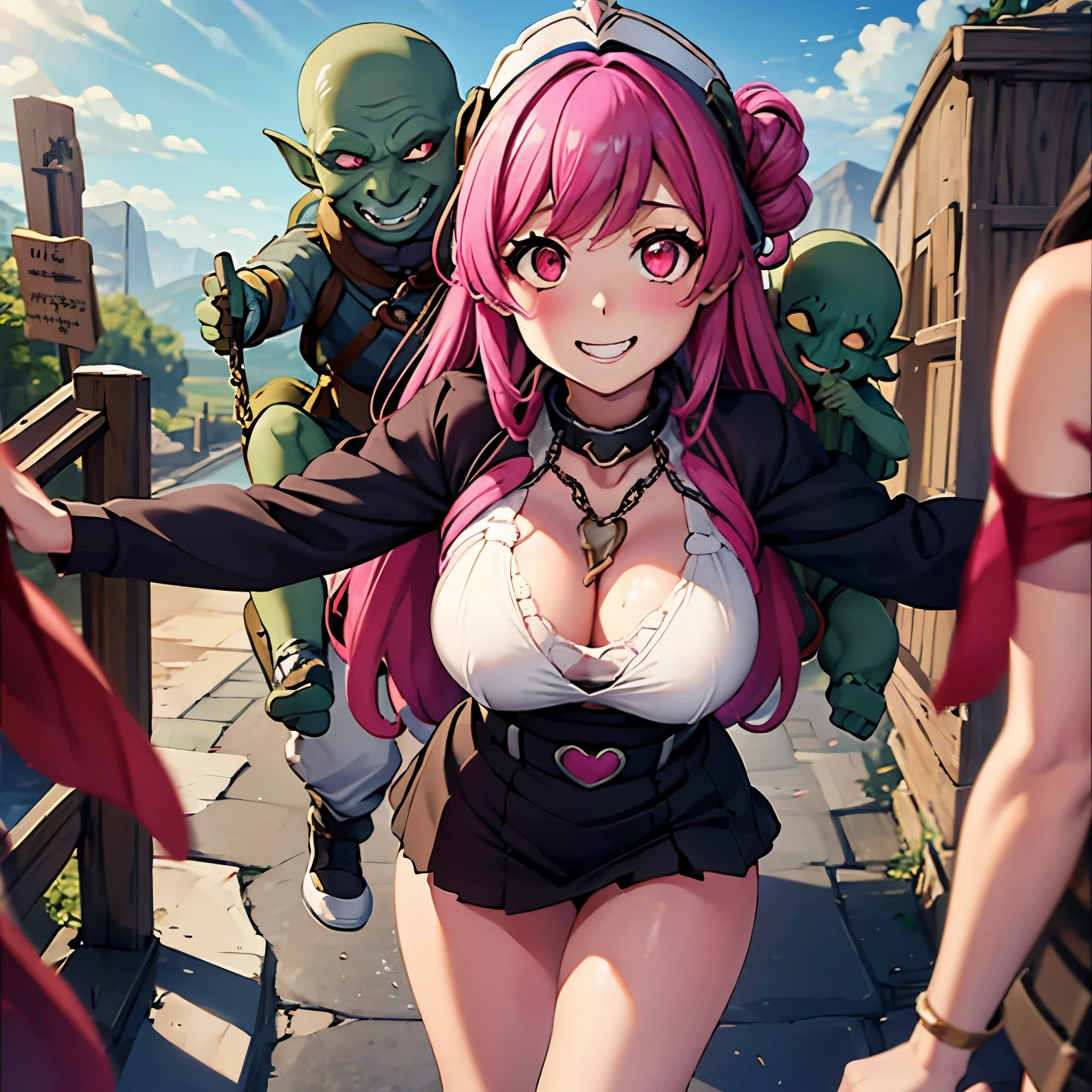 masterpiece, goblinriding, a goblin is riding a girl, goblin, mutiple goblins, goblins, (all fours), 1girl, (military uniform:1.1), (nose hook), reins, collar, chain, rope, obey, happy trance, smile, heart eyes, hair ornaments, expressionless, emotionless, blank eyes, empty eyes, mind control, sMcallon_NDV, 1girl, pink hair, large breasts, long hair, red eyes, Torn clothes
