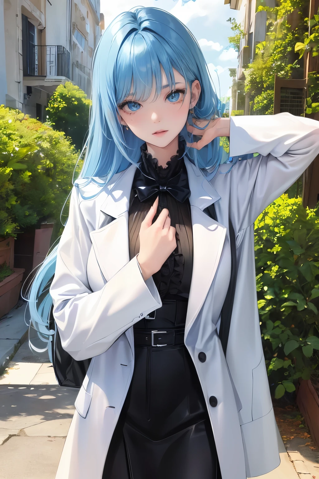 (highest resolution, clear_image) highest quality, a female's masterpiece, very detailed, semi-realistic,(most of the body), (highest quality, masterpiece, Super realistic),blue hair, wolf cut, Torn black bangs, open jacket, shadows on the eyes, long hair, wolf cutの髪, green and blue stripes in hair, Eyes down, gone crazy, cowboy view,intimidating pose、(The whole body from head to foot)、Powerful atmosphere、Sharp eyes、glare at、cool beauty、pressure、put on a white coat、Leather goods、comb your hair、final boss、adult woman、Being Calm、Great people、Hair ruffles、white dress suit、hall々walking with