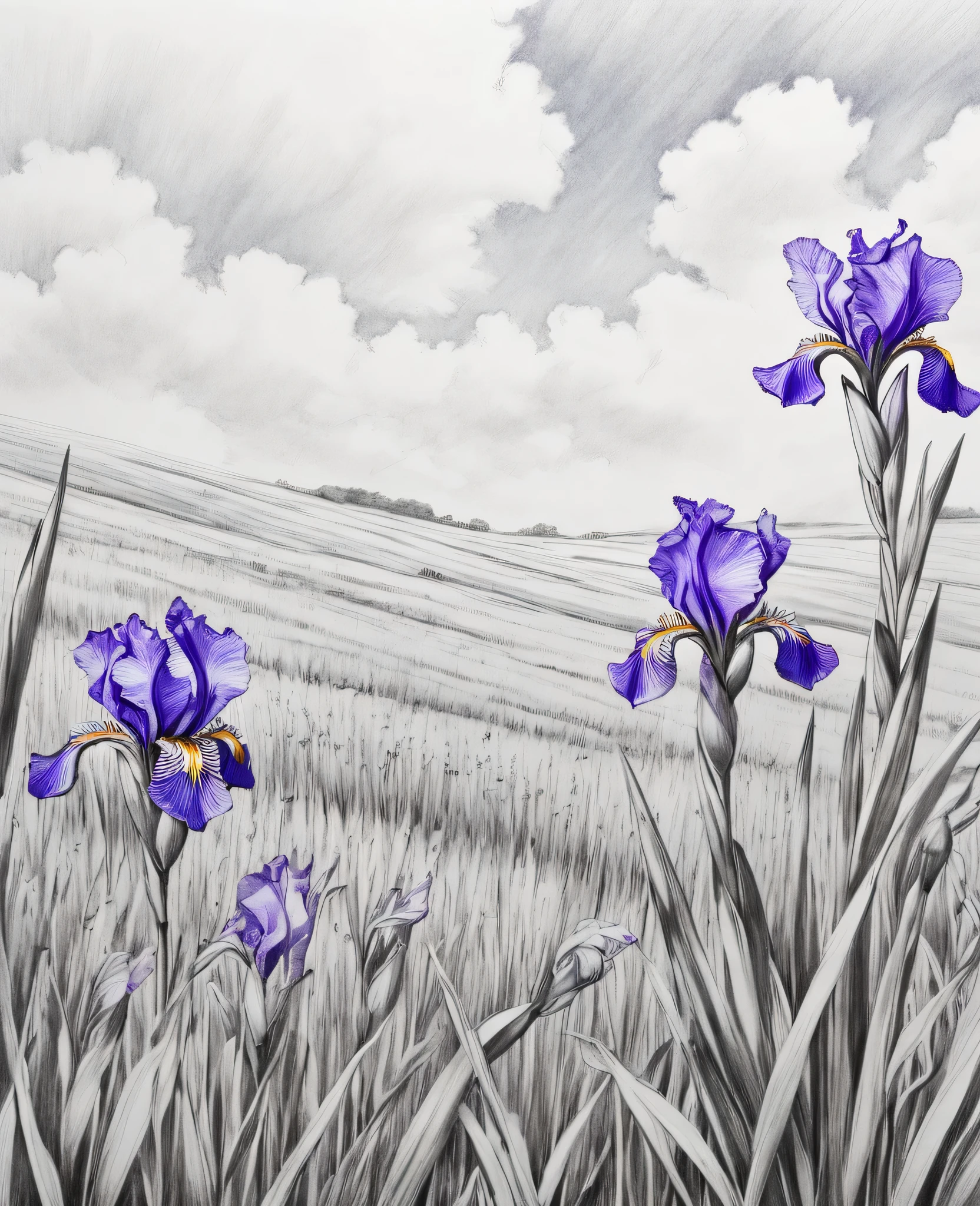 (PE pencil drawings:1.6),  iris and blue sky、Spring sky and beautiful purple iris flowers、Landscape photography of vast fields、（A view from below of the sky and the wilderness below）、Flowers looking up at the blue sky、Draw a big picture of the sky、table top、highest quality