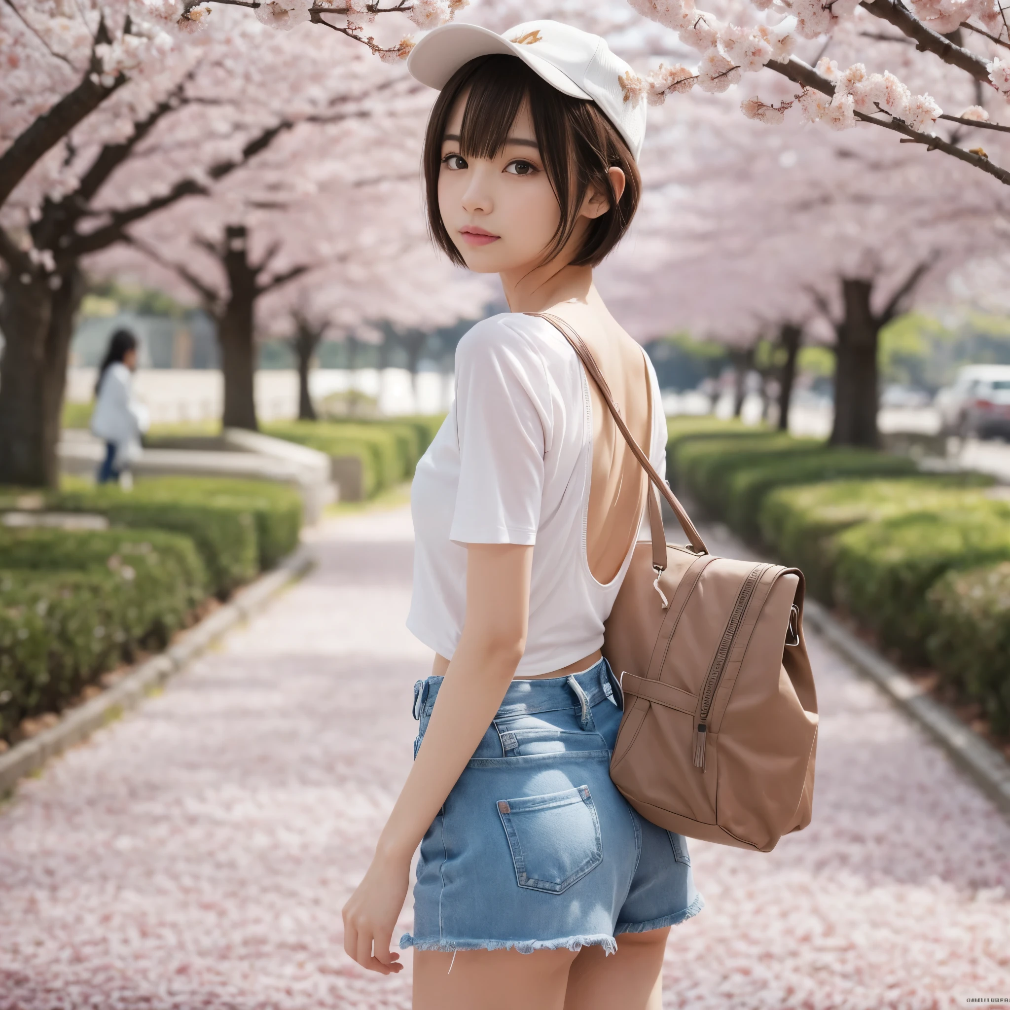 (((NSFW))), (Raw photo:1.2), (realistic), beautiful detailed girl, very detailed eyes and face, beautiful and detailed eyes, huge file size, High resolution, very detailed, highest quality, [table top:1.6], shape, very detailed, small details, highest quality, 8k wallpaper, movie lighting, girl, boyish girltanding with your back,look back here,  Walking through a park rich in nature with cherry blossoms in full bloom, A road filled with cherry blossom petals,  In underwear, I can see your spring-colored bra, I can see spring colored panties, sounds like fun, slender body, young face, immature body, cap, short cut hair,exposed underwear,Looks like fun, ボーイッシュなIn underwearの女の子, early spring scenery, clear sky, Mild weather