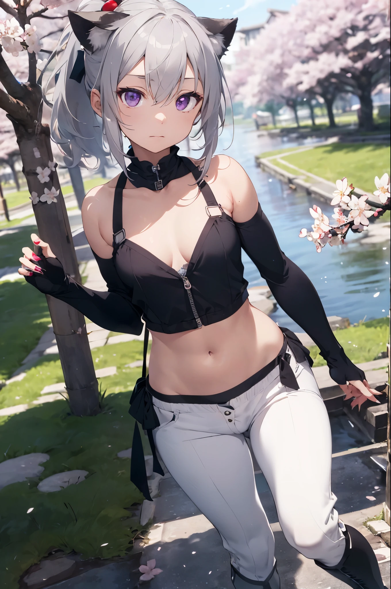 video angle, Depth of written boundary, (looking at the viewer), (right foreground: 1), (standing photo: 1),
cat ears girl, (alone),silver hair,(white skin:1), (Curvaceous:1.2), (wide hips:1.1),
(Beautiful Background of cherry blossom trees), (Background of cherry blossoms in full bloom: 1.4), (Background of cherry blossom trees: 1.4),
(green clothes), (bare shoulders, white micro bikini), (T-back pants: 1.2), choker, thigh boots,
(ponytail, hair between eyes), (silver hairの), (purple eyes), (flat chest: 1.2),
No expression, stunned, sleepy,
seaweed, seaweed, seaweed, seaweed, seaweed, seaweed, seaweed, seaweed