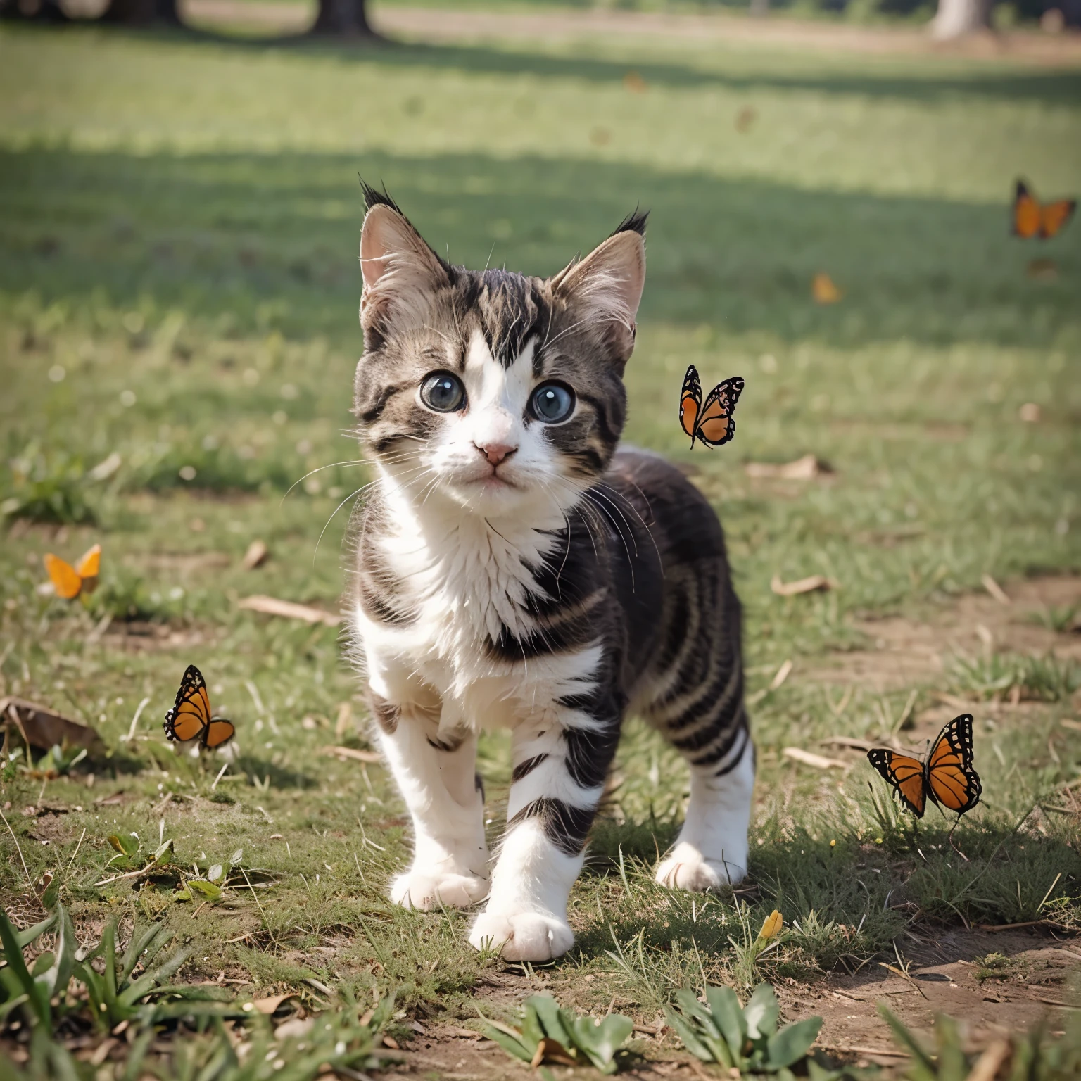 Little kitten walking on the grass, plays with butterflies
