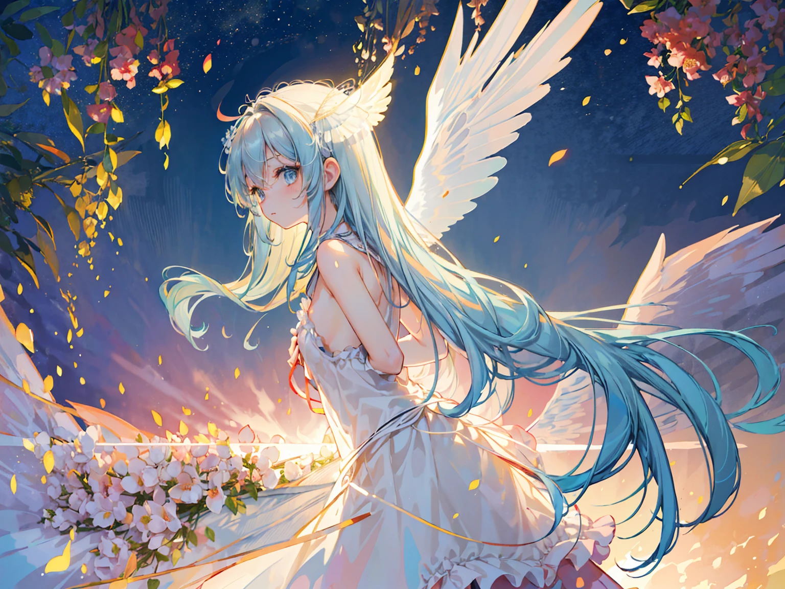 masterpiece, best quality, extremely detailed, (illustration, official art:1.1), 1 girl ,(((( light blue long hair)))), light blue hair, ,10 years old, long hair ((blush)) , cute face, big eyes, masterpiece, best quality,(((((a very delicate and beautiful girl))))),Amazing,beautiful detailed eyes,blunt bangs((((little delicate girl)))),tareme(true beautiful:1.2), sense of depth,dynamic angle,affectionate smile, (true beautiful:1.2),,(tiny 1girl model:1.2),(flat chest)), Soft Focus ,((ultra-detailliert:1.2))、(The best lighting、Best Shadows、extremely delicate and beautiful)、(the Extremely Detailed CG Unity 8K Wallpapers、​masterpiece、best qualtiy、ultra-detailliert)、(The best lighting、Best Shadows、extremely delicate and beautiful)、(the perfect body:1.5)、Best Quality, (Illustration:1.2), (Ultra-detailed), hyperdetails, (delicate detailed), (Intricate details), (Cinematic Light, best quality backlight), Perfect body, ( extremely delicate and beautiful), Cinematic Light、(masterpiece), sexy, posterior, floral lace undies, natural light, ,sky background,beautiful clouds,The light from the back window is backlit.,element,Watercolor pattern in calm colors),(watercolor texture), ((1 girl),,adorable,Angelic),light smile,****ta prostitute,best image quality