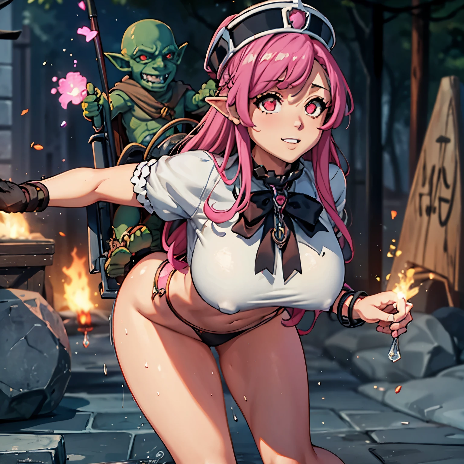 masterpiece, goblinriding, a goblin is riding a girl, goblin, mutiple goblins, goblins, (all fours), 1girl, (military uniform:1.1), (nose hook), reins, collar, chain, rope, obey, happy trance, smile, heart eyes, hair ornaments, expressionless, emotionless, blank eyes, empty eyes, mind control, sMcallon_NDV, 1girl, pink hair, large breasts, long hair, red eyes,