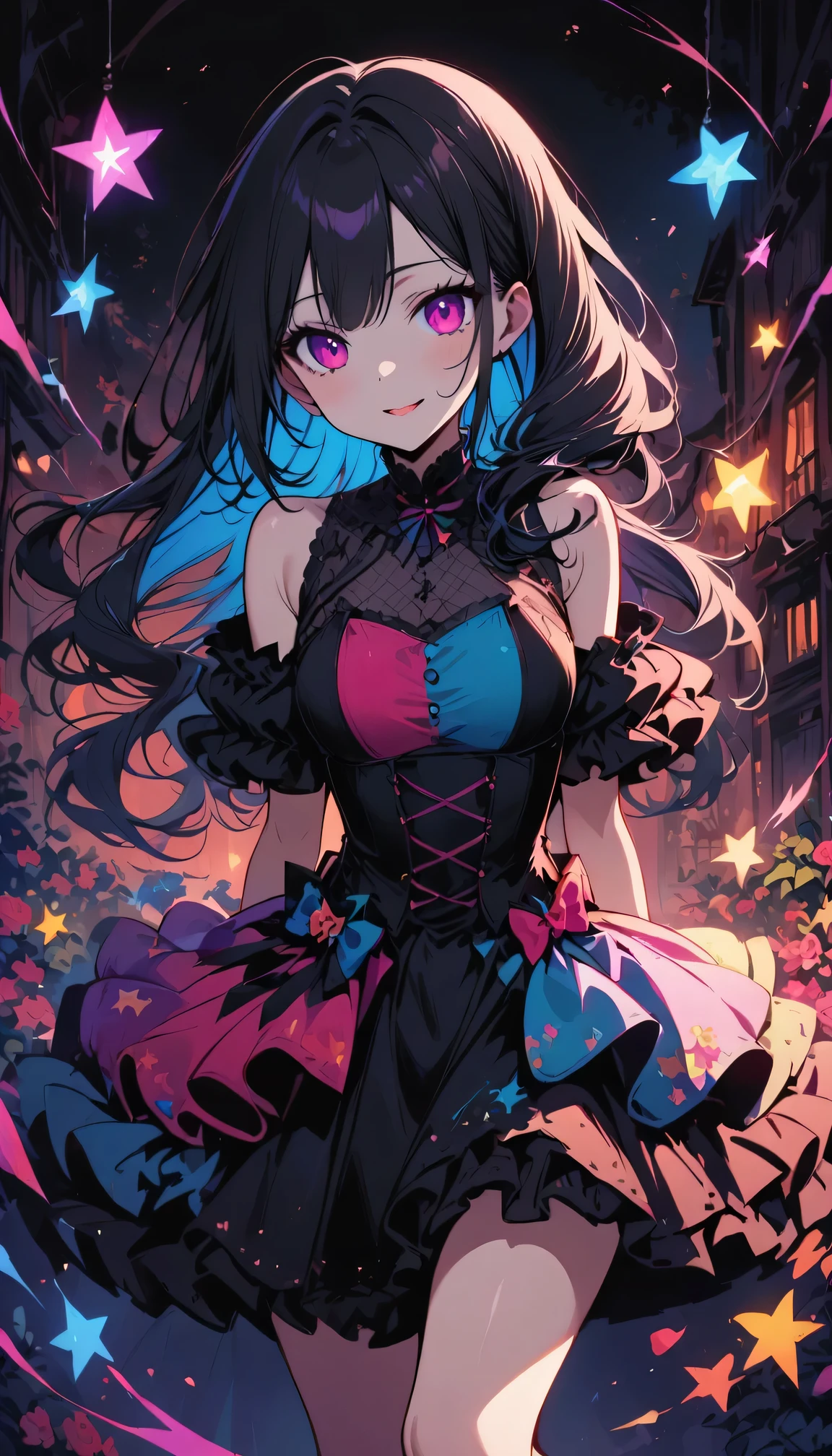 1 girl, Lovely ,  Number 25, Sweet colorful dress, Idol, There are stars on the face, medium long hair, Colorful hair. Japanese cartoons, full-body shot