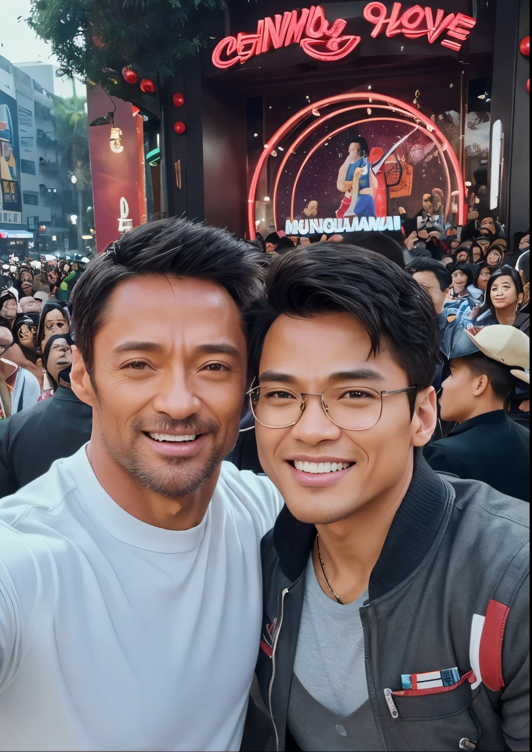 (Best quality, 8k, 32k, Masterpiece, UHD:1.2) "Generate an image featuring a chubby Filipino man with short black hair and eyeglasses, standing next to a celebrity ladies of Hugh Jackman ((Hugh Jackman)). Both individuals are posing together and smiling as if taking a selfie.
Ensure that the chubby Filipino man's appearance is depicted accurately, with attention to his facial features and physique. Emphasize his friendly and jovial demeanor through his expression and body language.
The celebrity should be recognizable and exude a sense of warmth and approachability. Depict them in stylish attire suitable for a casual gathering or event.
Create a backdrop that complements the setting, such as a trendy urban environment or a bustling public space. Incorporate elements that enhance the scene's jovial atmosphere, such as colorful decorations or festive lighting.
Capture the interaction between the two individuals authentically, conveying a sense of camaraderie and shared enjoyment." ((Filipino Man))