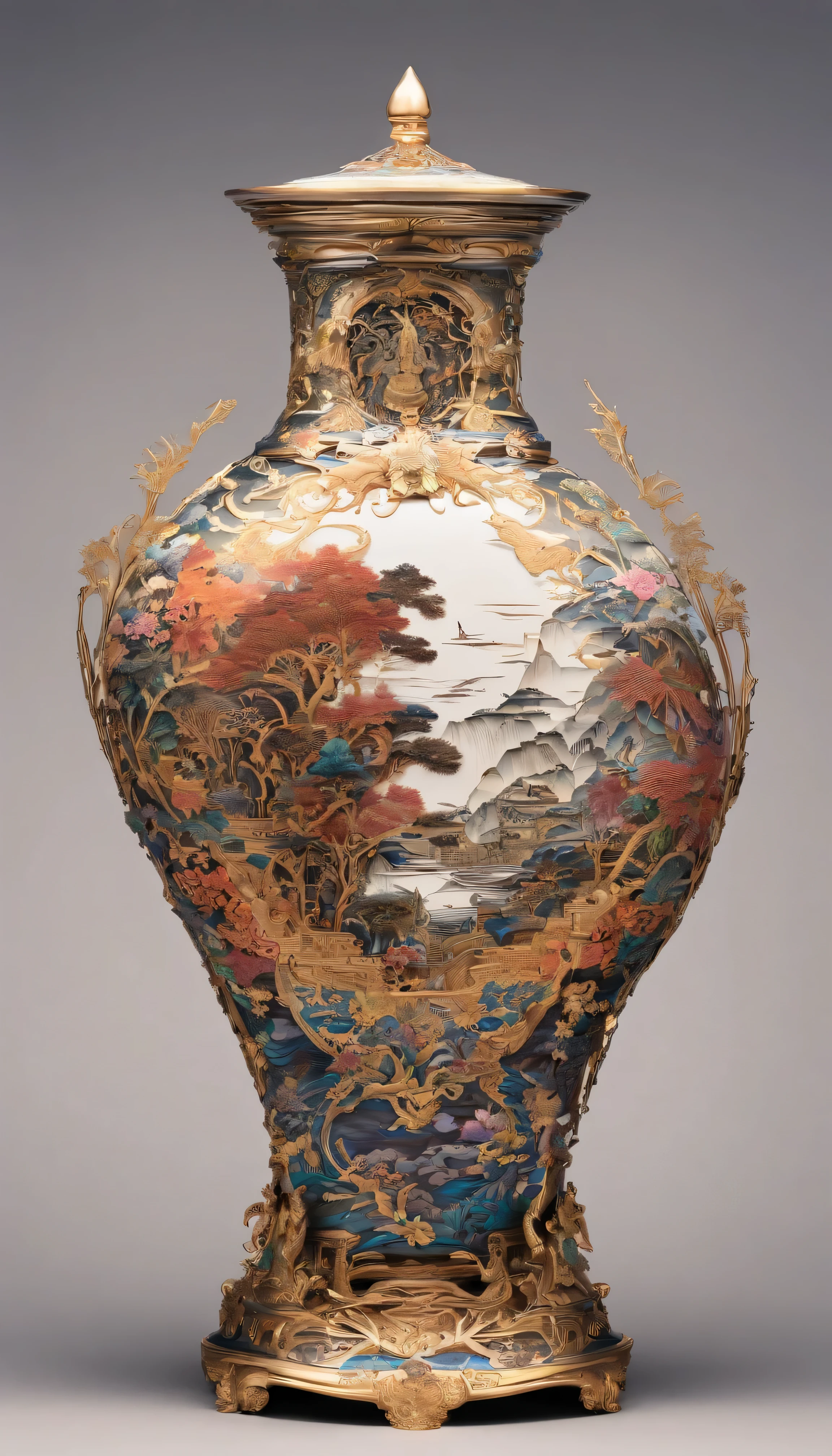 Colorful steampunk transparent landscape embroidery ink pattern porcelain bottle front full body view,Style of Jingdezhen Porcelain,the bottles are embossed and carved into colorful mechanical parts,The main body is made of gold wire,Colorful glaze, photography。Real light and shadow,refraction,reflection,High light transmittance,chiaroscuro, high contrast,extremely scattered,intricate details,8k rendering,Art Station and Pixiv Trends. epic picture, wallpaper,Movie quality,Intricate and deep details,Strong three-dimensional sense. creator: jiger, Art Jem and Greg Rutkowski, Alphonse Mucha, CGS Association.