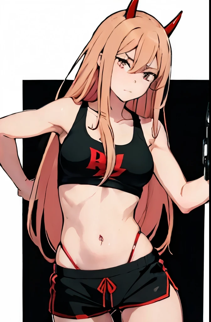 1 girl, Power, chainsawman anime, red horns, yellow hair, ((strip bar)), white tank top, (woman boxer black shorts), bartender, long hair, (shading)