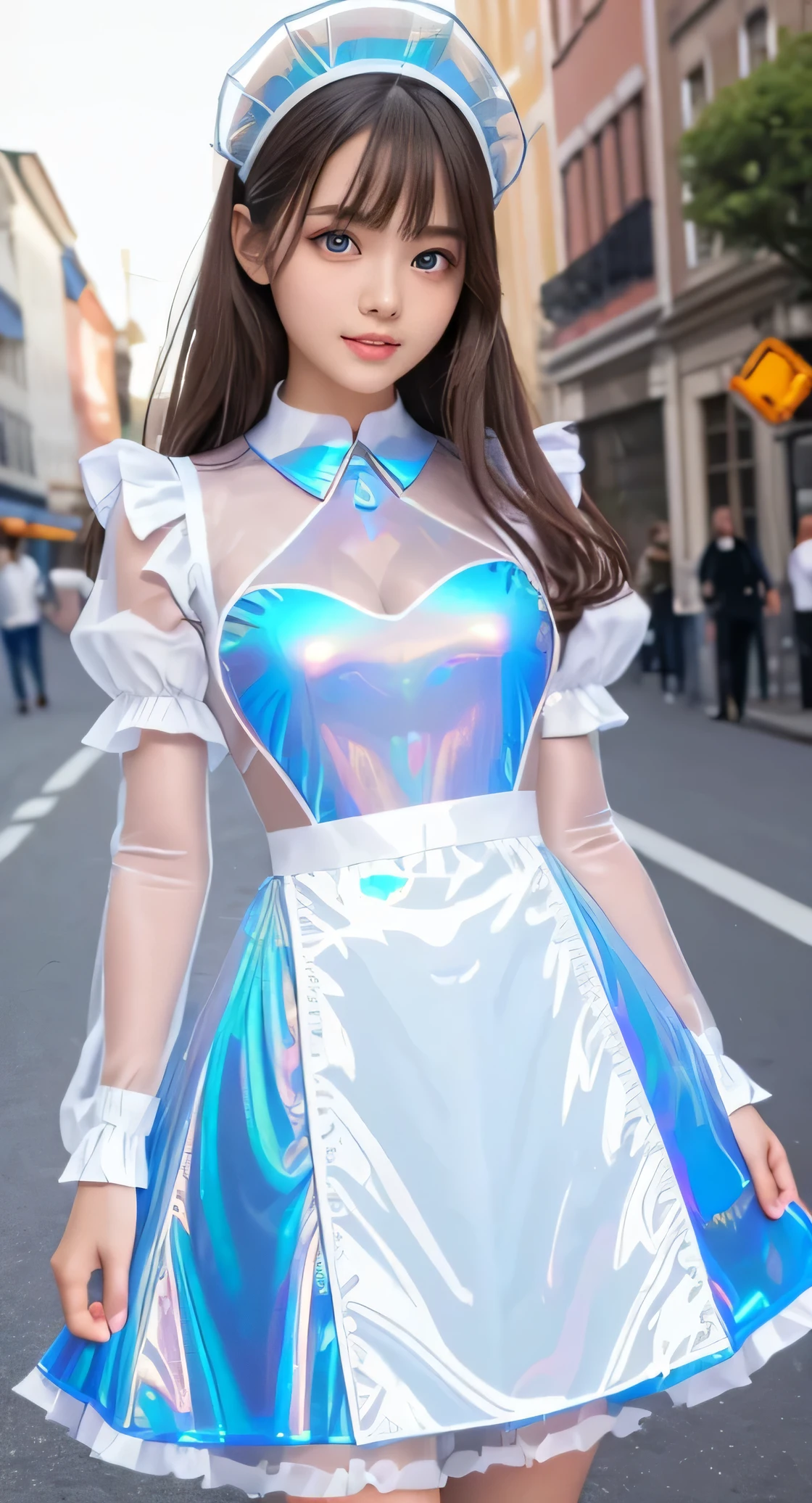 Angelic very beautiful cute young girl,
Beautiful detailed eyes, (5 yo:1.2),(clear-eyed:1.3),
Detailed double eyelids,
(Soft Saturation: 1.3), 
(Fair skin: 1.3),v-line jaw,
(Large eyes:1.4),
Long straight brown hair, 
see-through bangs,
Sharp Focus,
beautiful detailed face and eyes, 
drooping eyes,
small straight nose,
small mouth, 
happy smiling with visible teeth, 85mm lens, F/8.0,BREAK  (Super shiny holographic white and metallic blue latex maid costume :1.5),Walking,Brown hair ,(Costumes with strong reflective surfaces:1.3),(lift skirt:1.2),panty,
(Best Quality:1.2),(Maid costume:1.4),
Raw photo, 
High resolution, 
perfect  detail, 
Professional Photography, 
Professional Lighting,
Powerful lighting of the costume,In the street