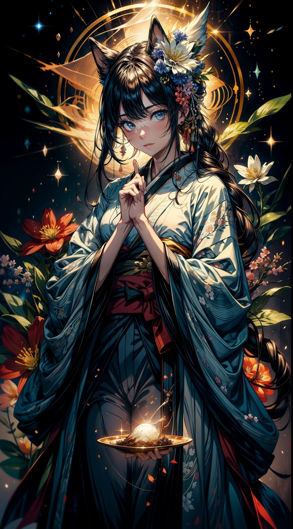 nice, masterpiece, highest quality, High resolution,4k, wallpaper, Trace Light,, Complex, become familiar with, Blake Magicle, particle, constellation, stardust, universe, ((flower)), Cozy peace,peaceful,Japan、Himiko、kimono、With crystal、fortune telling