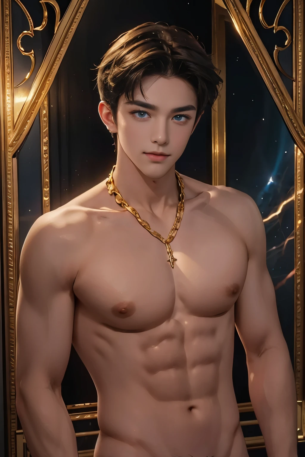 (Masterpiece, Best quality:1.2), 1 person, Solo attractive guy with heavenly colored eyes, delicate brown hair, magic , seductive look, mysterious smile with a smirk, very beautiful face , Detailed face image, big long nipples on the chest , Naked ,Handsome guy! diamond in ear. gold chain around the neck, full-length photo body portrait of a cute boy of the highest quality!