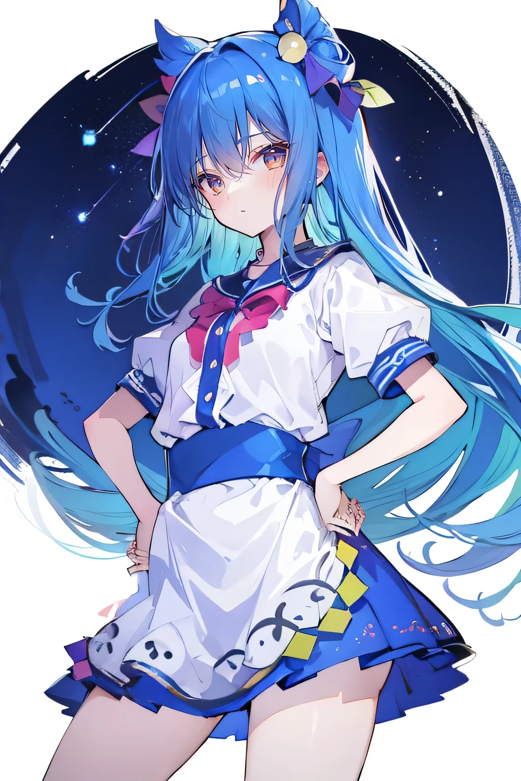 (masterpiece),best quality, expressive eyes, perfect face, 1girl,
Put your hands on your waist,fair, Gorgeous,Japanese cartoons,girl,lola,Hina Angel, blue hair, blue haired, floating clothes,Grab your waist, Grab your waist, hands on hips , hands on hips,flat chest,sit on the floor,starry sky,