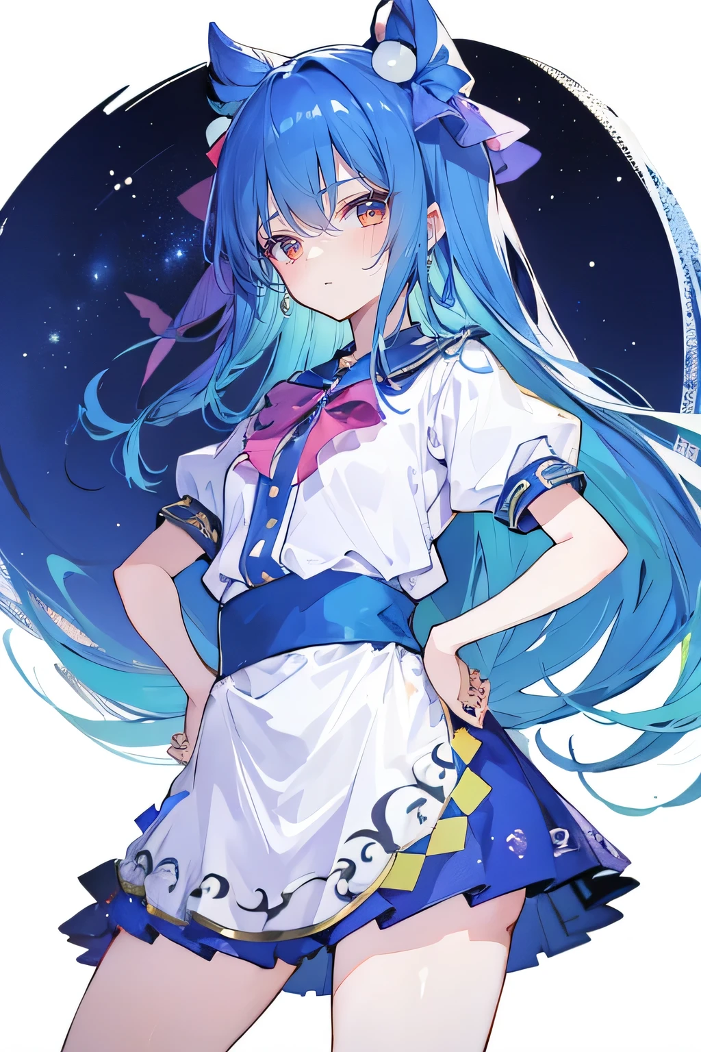 (masterpiece),best quality, expressive eyes, perfect face, 1girl,
 Put your hands on your waist,fair, Gorgeous,Japanese cartoons,girl,lola,Hina Angel, blue hair, blue haired, floating clothes,Grab your waist, Grab your waist, hands on hips , hands on hips,flat chest,sit on the floor,starry sky,