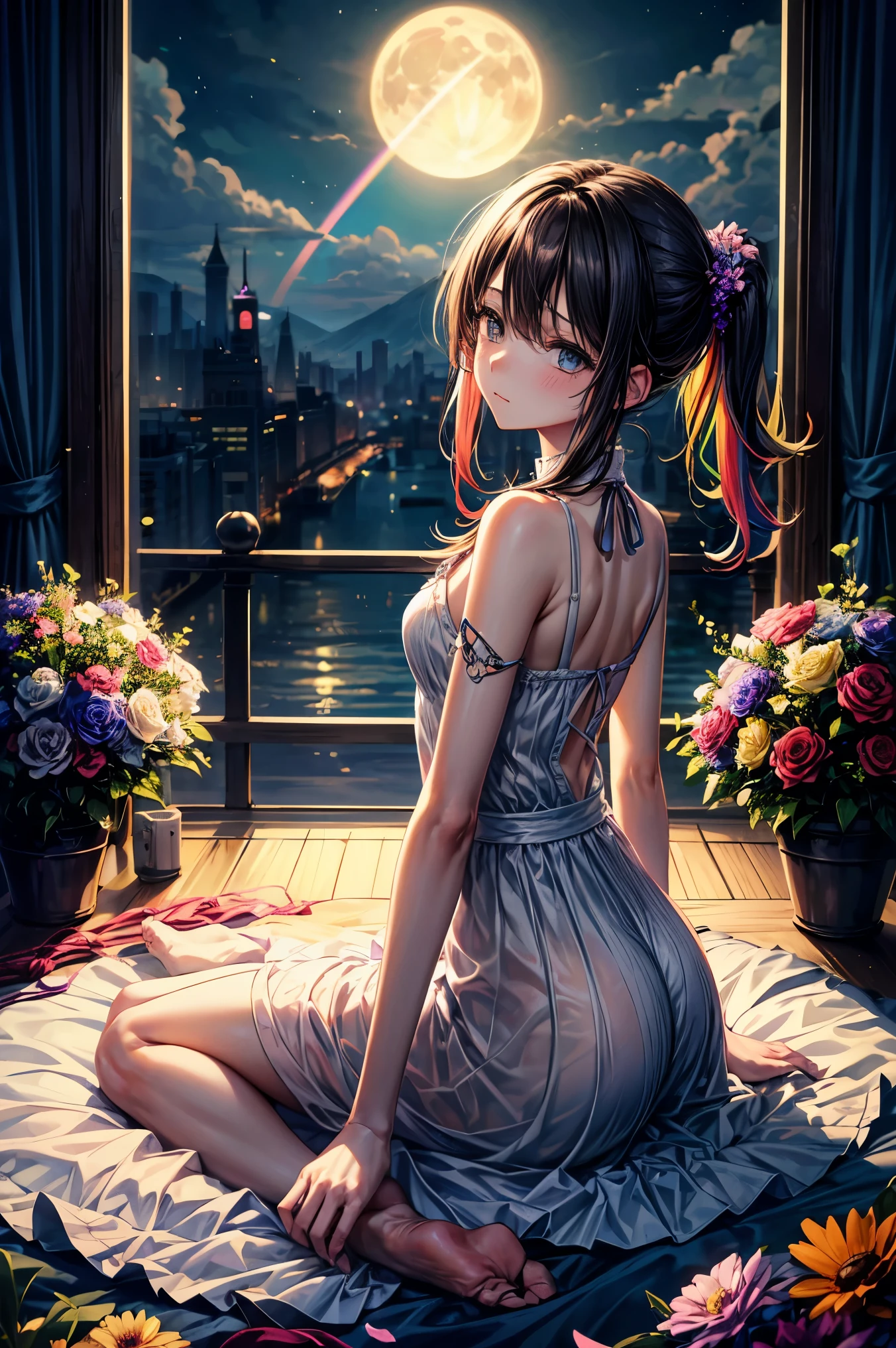 melody mark,highest quality,debris flies,1 female、alone,(nostalgic scenery:1.5),(At the center of the world is the most beautiful woman in the world),A ray of light spreads,Crystals spreading from the center,prism,(colorful flowers:1.5),(full moon: 1.2),(rainbow: 1.3),(warm light: 1.2),(Raw photo),you turned your back and started walking,There are no words to exchange,Inside my shaking heart,shouted like ,Do not go,I turned my back and started walking,I have to go before my tears fall,I pretended that I didn'I don't like being too happy,The ideal future I was forced to let go of,A wish that can't be taken back,A small one-room apartment that feels a little spacious,It seems to widen the gap in my heart,Every minute feels a little longer,If I could spend time with you,Is this a world where even wishing is not allowed?,Even just one lie brings tears to my eyes,I have committed countless crimes,touch that hand,I tried to live quietly next to you,Inside finite memories and time, Every time I get a gift, you throw away one of the past.,Iの存在, just sitting there, I'm sure it will disappear from your memory.,I can never go back？Is this the beginning or the end?,The night I sleep in a wide bed is not yet over,またalone夢を見るよ君の記憶を辿る夢を,I'Let's make up for it with the pain of loneliness, So please let it remain in your memory.,It would be nice if we could meet again with the same feelings.,