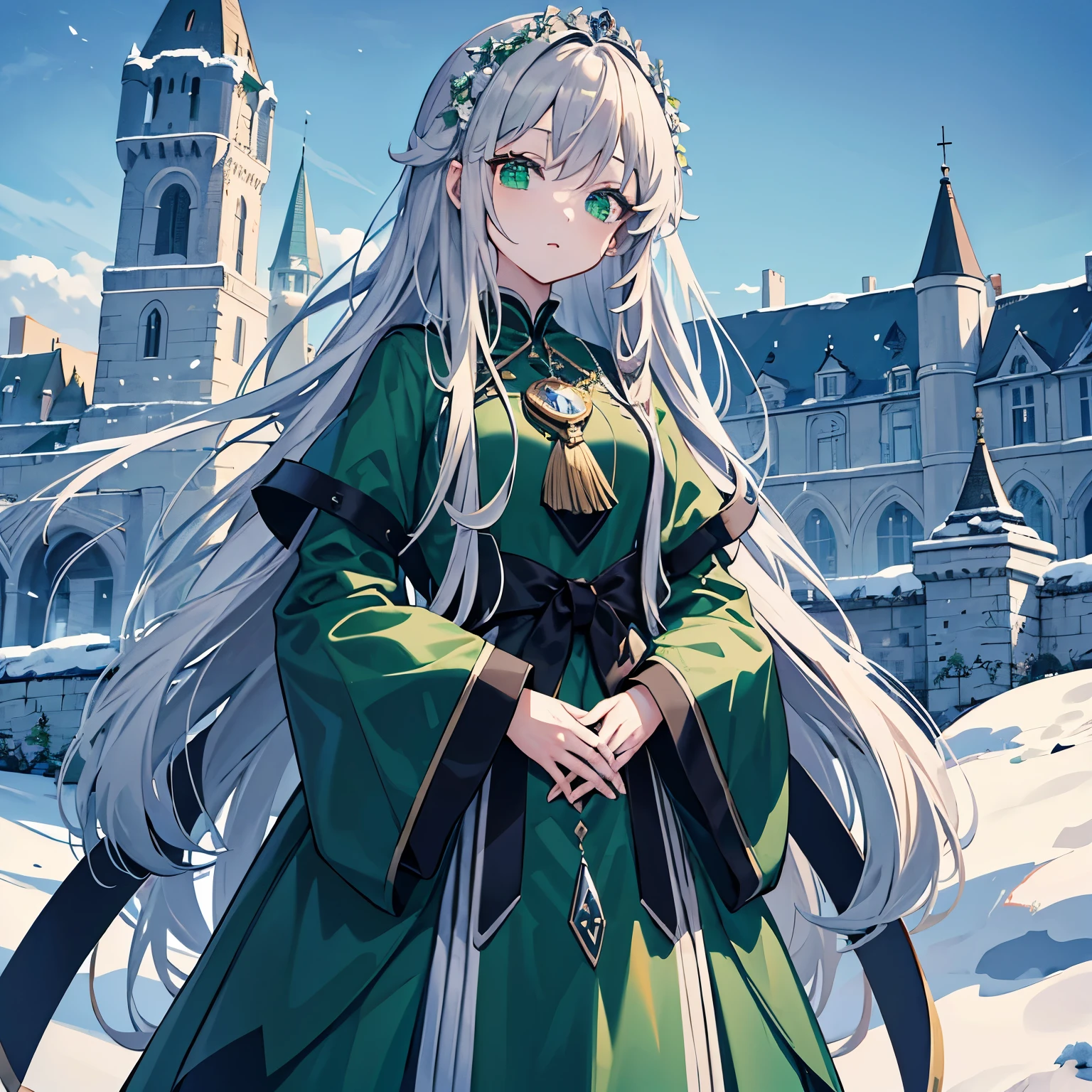 (masterpiece、4K、detailed)cute princess、Black and green royal outfit(long silver hair、Alone、looking at the camera、drooping eyes、green eyes、hands are in pockets)The background is a snowy castle town、