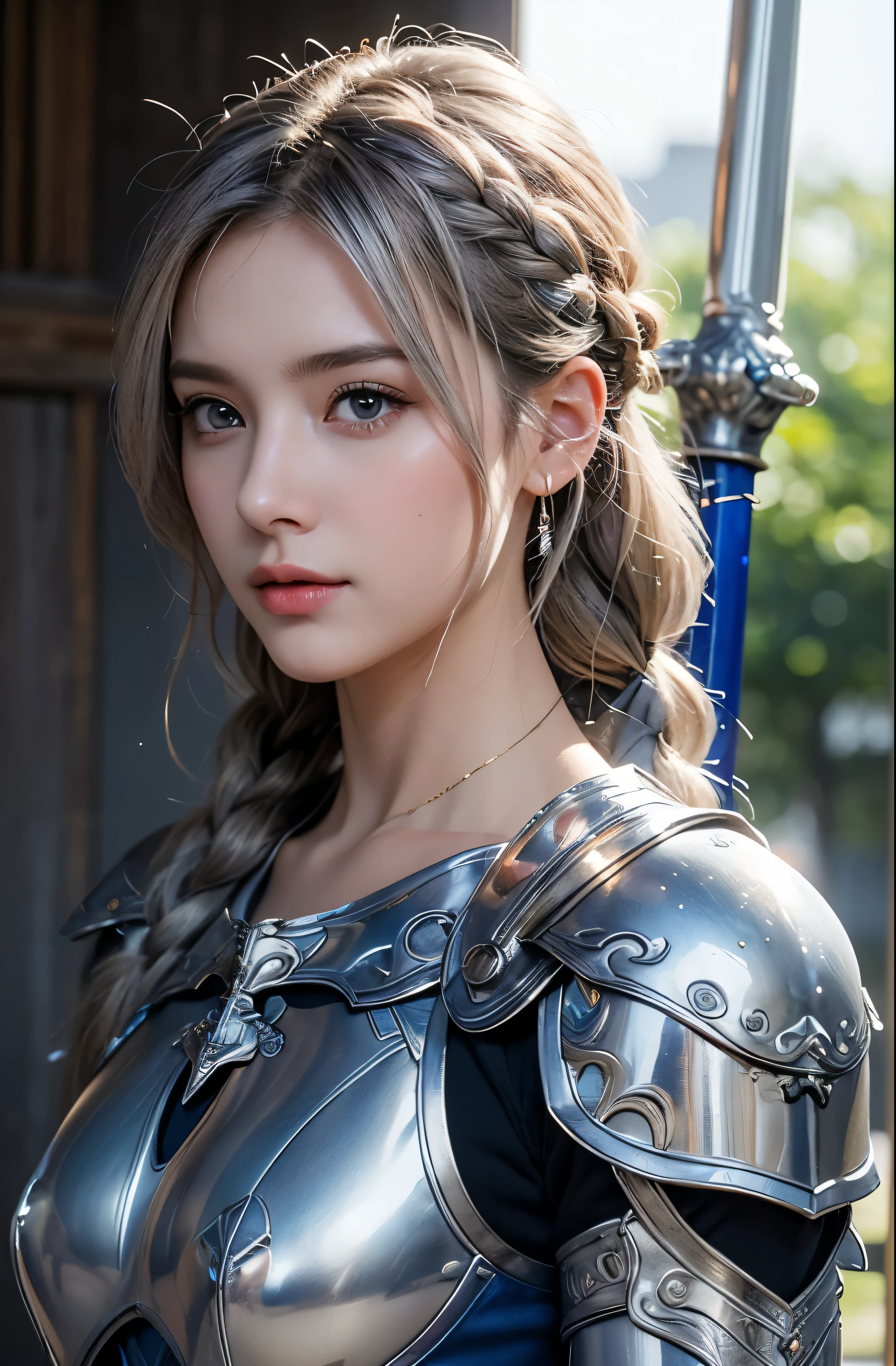 (Official art、Best Quality、Unity 8k Wallpapers、32K、masterpiece、ultra-detailliert、超A high resolution、realisitic、Photorealsitic:1.2)、(Cinematic lighting:1.2)、Fireglow effect、film grains、Best Shadows、Rim lighting、side lights、sideshot、(Ultra-detailed and complex 3D rendering)、Detailed beautiful face and eyes、Sharp pupils、Realistic pupils、A slender、1Man Woman、huge bust、(half body:1.2)、 beauitful face、16-year-old beautiful girl、(super detailed skin、detailed skin textures:1.3)、(silver blond、Blue-silver hair:1.3)、Paladin、Longhaire、Blunt bangs、Gray eyes、3 braids in 1 bunch、(Blue Armor、Blue Boots、Blue helmet、Jeweled、Gold embroidery)、A slender、Maxi skirt、(thighs thighs thighs thighs:0.8)、(chies、in a house、Artistic stained glass、Hello Point、Mystical、Particles of light、solemnity、Sunlight is、colourfull、Fantastical:1.2)、(Fantastical:1.3)、(Carrying a silver blue sword:1.3)、(Looking away、looking distantly:1.3)、Fantastical、Gentle smile、I opened my mouth a little、