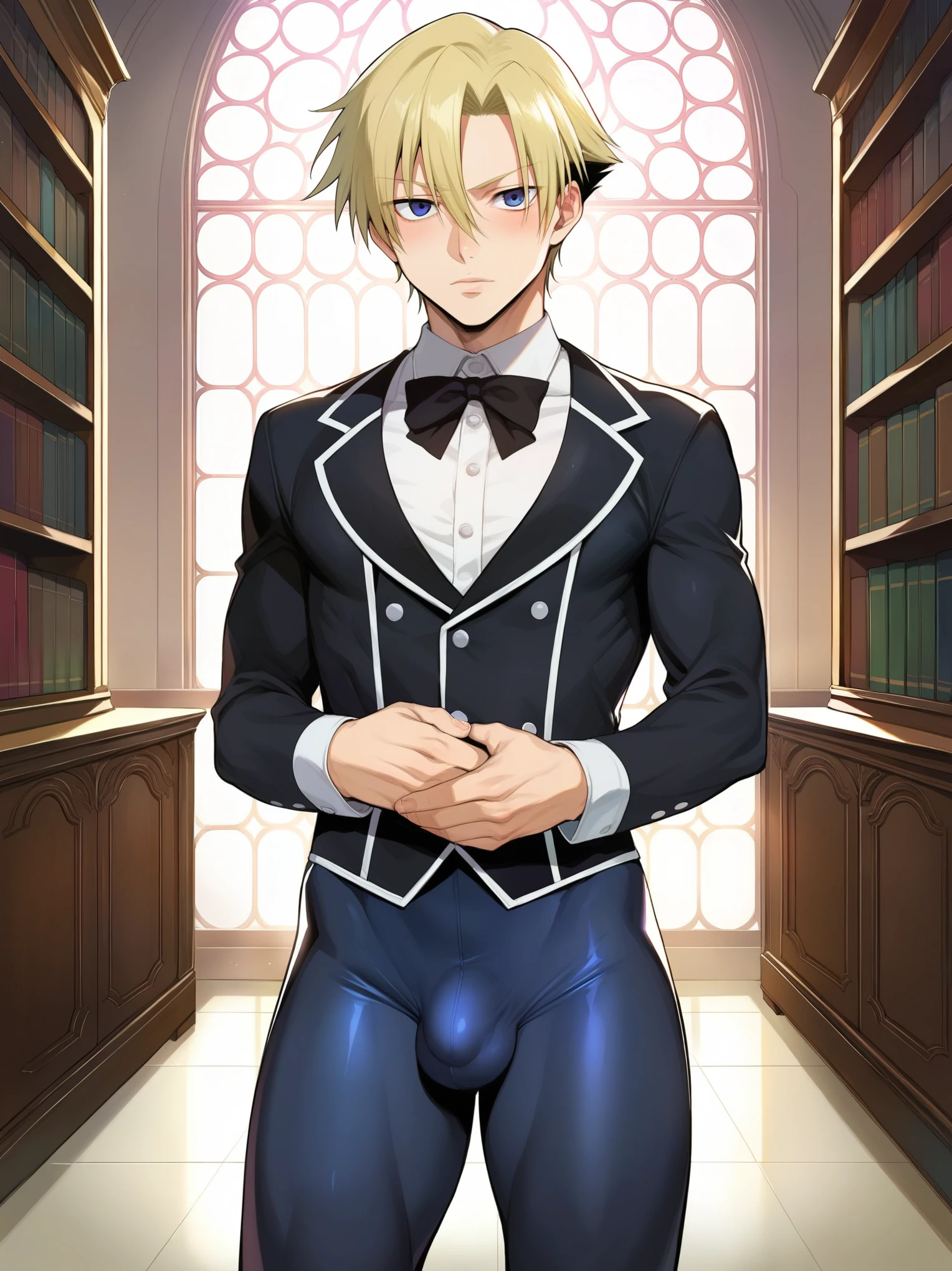 score_9, score_8_up, score_7_up, source_anime, BREAK by ikuchan kaoru, iku, clean color, flat color, 1boy, solo, french maid, maid outfit, bulge, femboy, Fullmetal alchemist, Edward elric, short hair, erectionz erect bulge, indoors, fancy, mansion, baroque, bookshelf, ass, front view