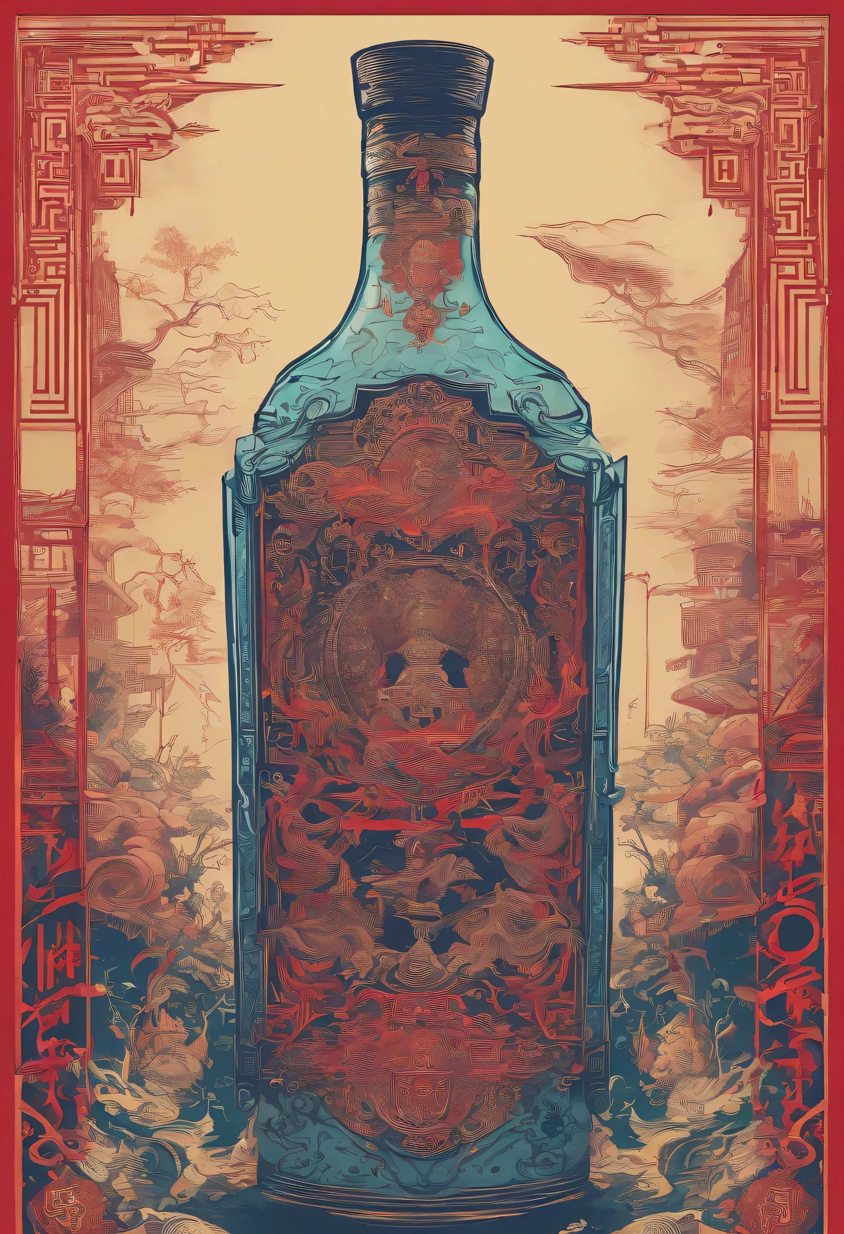 noisy album cover，The main item is a bottle themed on Chinese mythology、Complexly patterned liquor