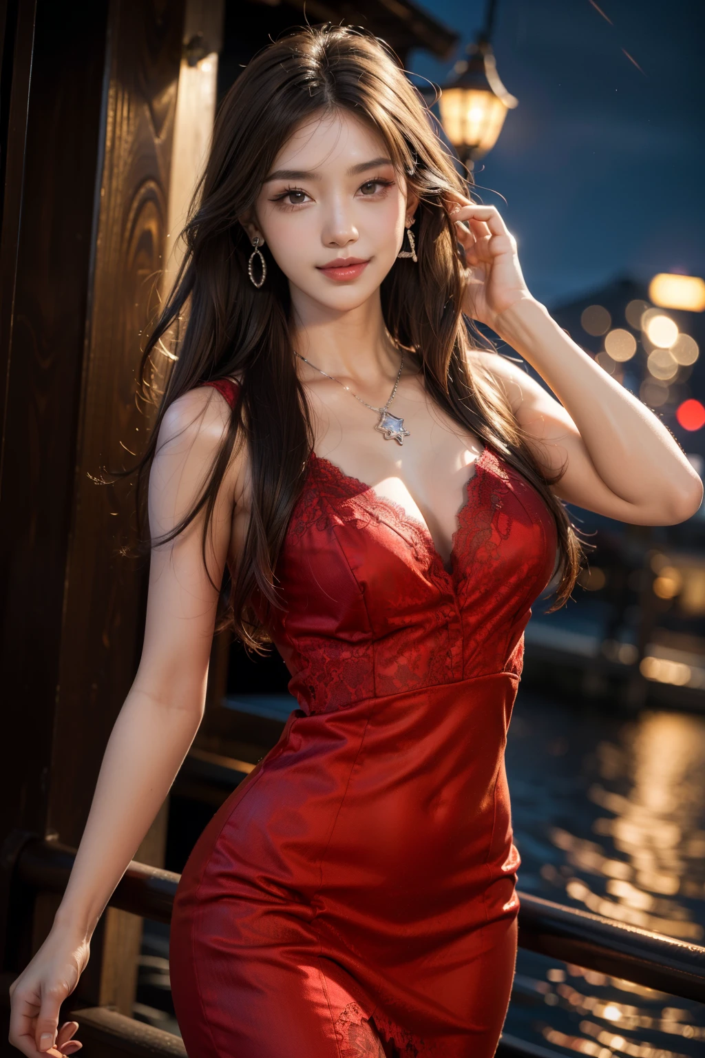 (best quality, 8k,32k,masterpiece, UHD:1.2),extremely detailed CG unity 8k wallpaper,intricate details,Raw photo,(photorealistic:1.4),atmosphere,ultra high res,Realistic,Real,Huge_filesize,incredibly absurdres,(centered:1.3),Ultra illustration,(ultra-detailed),dramatic lighting,various colors,depth of field,art by krenz cushart,golden hour lighting,taken by Canon EOS,SIGMA Art Lens 35mm F1.4,ISO 200 Shutter Speed 2000,blurry background,
BREAK,
1girl,(smile:1.4),slim body,(long straight hair:1.4),solo,20-year-old Japanese beautiful woman, (night sea, red lace dress:1.6),(light brown hair:1.5),((brown eyes)),Large breasts,chest, Soft white skin that shines with every detail,pale skin,Very beautiful face,Very well-formed face,Natural and realistic face,Best,beautiful detailed eyes,striking eyes,Eyes drawn in detail, smile with your mouth closed,Detailed mouth,Detailed lips,shiny beautiful lips,Glossy lips,simple earrings,necklace,jewelry, solo focus,low neckline,
BREAK,
Front lighting,kool,Standing,sensual expression, BREAK,
(Dutch angle:1.4),looking at viewer,
BREAK,Stray Kids Felix,