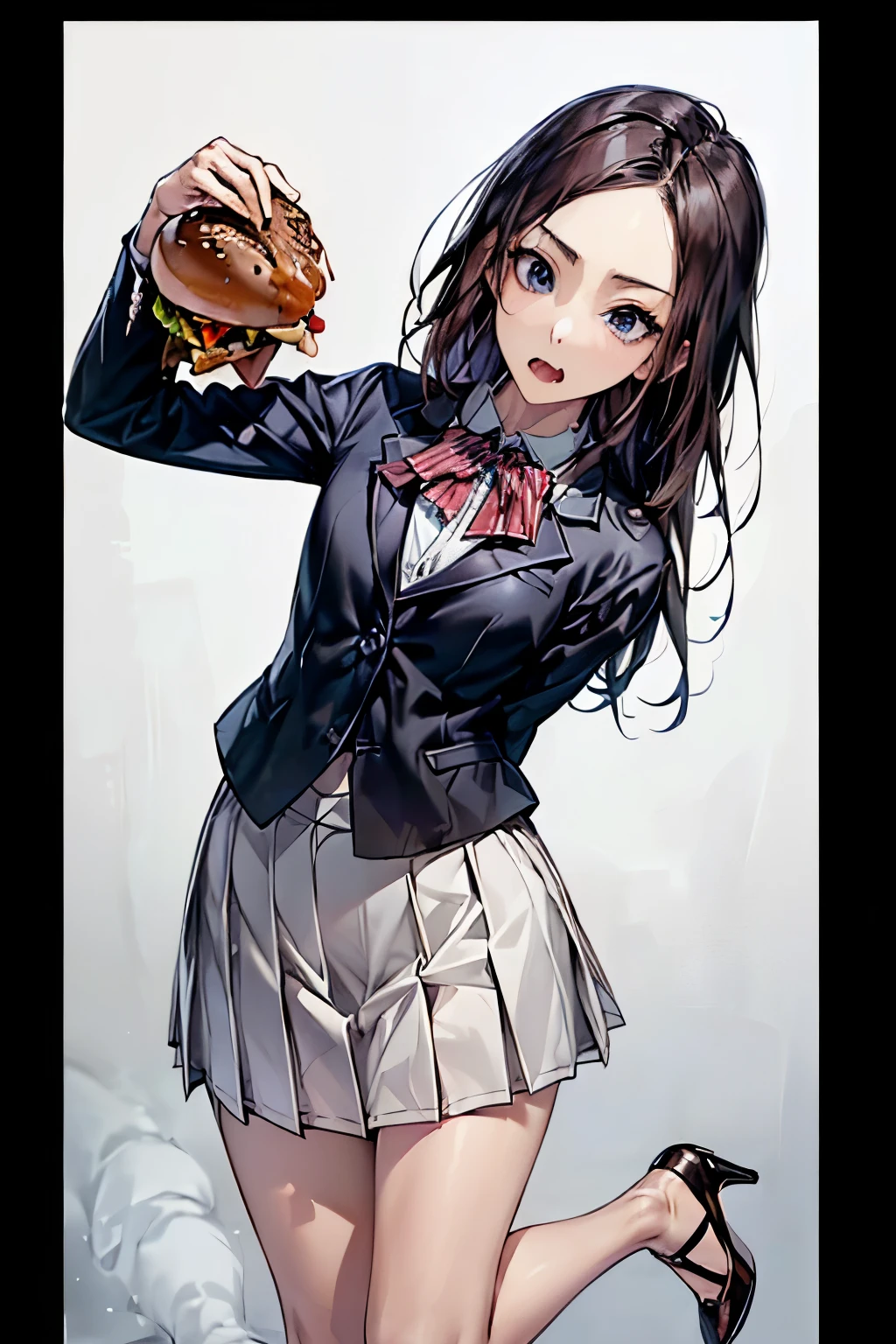 ((Biologically correct number of limbs))、(( Full body photo including face))、4K、((standing position))、masterpiece、((focus on the face))、((Symmetrical facial features))、Eyes with detailed description、Beautiful woman、outstanding style、beautiful clavicle、beautiful legs、Beautiful toes、beautiful hands、slender body、(small ass、thin thighs）、(stockings、high heels）、Detailed depiction of faces、small earrings、necklace、(upper body blazer、shirt、(block pleated skirt))、sideways glance、A bow tie、Fantastic background with fog、super low angle、black hair、(((Bite into a hamburger)))、