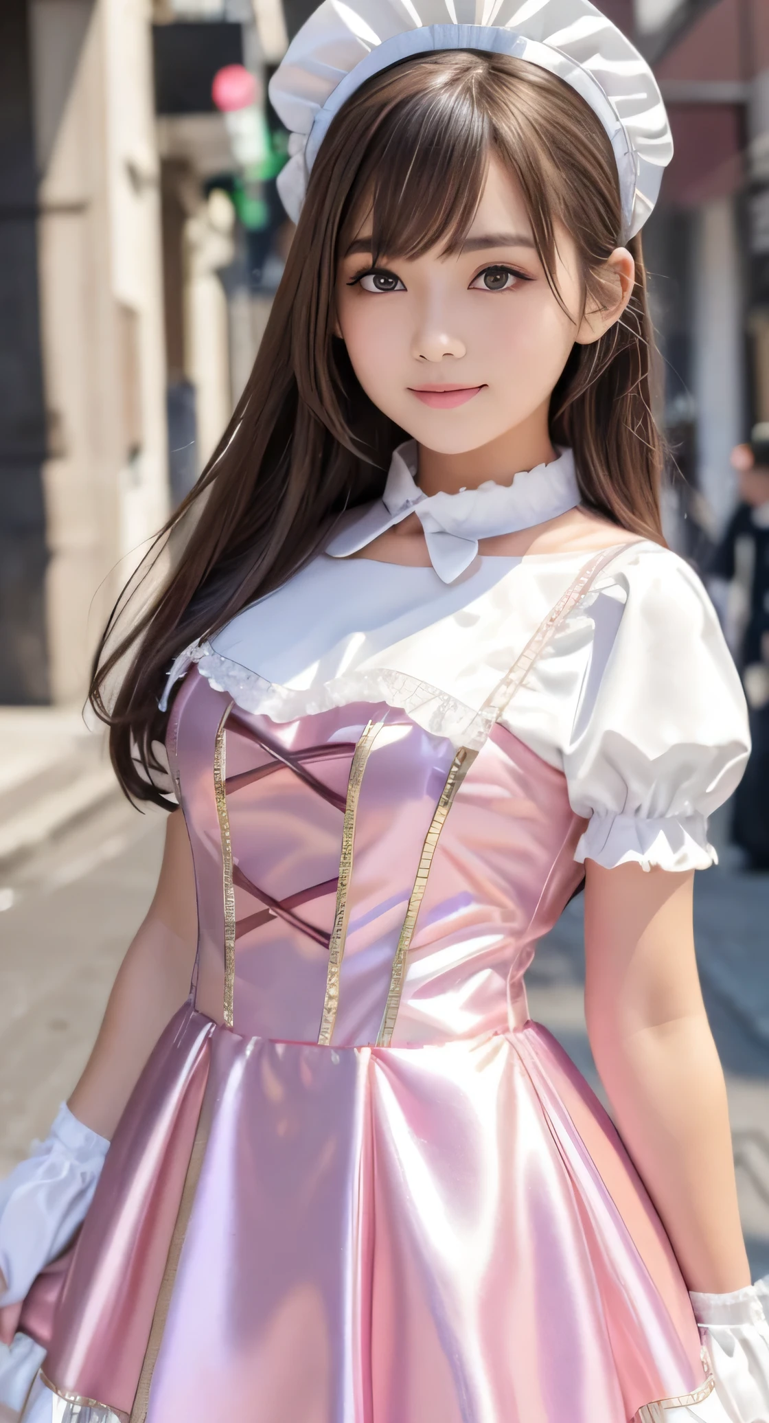 Angelic very beautiful cute young girl,
Beautiful detailed eyes, (10 yo:1.3),
Detailed double eyelids,
(Soft Saturation: 1.3), 
(Fair skin: 1.3),v-line jaw,
(Large eyes:1.4),
Long straight brown hair, 
see-through bangs,
Sharp Focus,
beautiful detailed face and eyes, 
drooping eyes,
small straight nose,
small mouth, 
happy smiling with visible teeth, 85mm lens, F/8.0,BREAK (Super white and super shiny metallic pink maid costume :1.3),Walking,Brown hair ,(Costumes with strong reflective surfaces:1.3),
(Best Quality:1.2),(Maid costume:1.5),
Raw photo, 
High resolution, 
perfect  detail, 
Professional Photography, 
Professional Lighting,
Powerful lighting of the costume,In the street