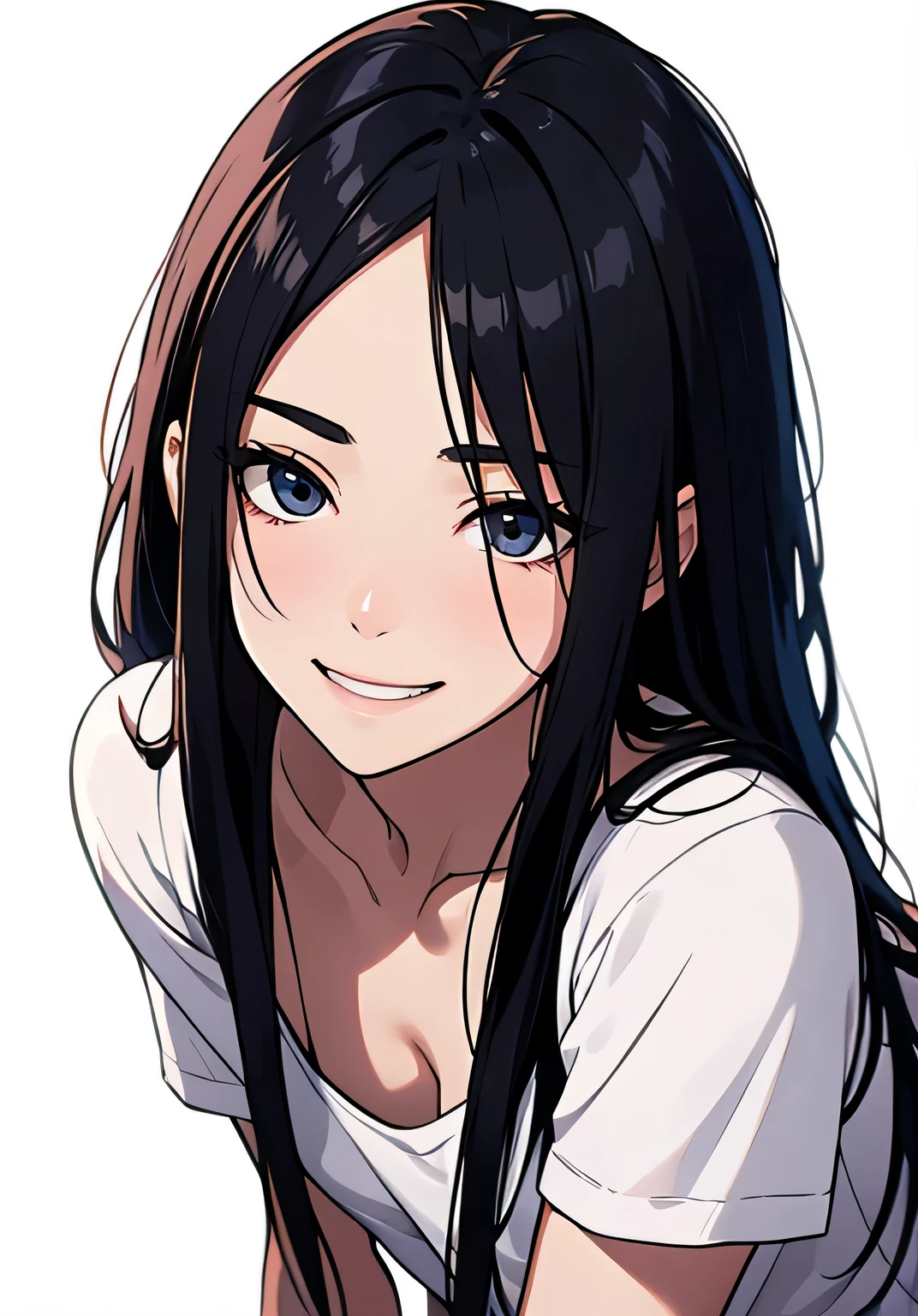 masterpiece, High resolution, High-definition CG Unity 8K,realistic,RAW photo,(white background), beautiful detailed face, white skin,(detailed hair texture),(beautiful clavicle),1girl, (Drooping eyes:1.2),（small eyes),(small breasts), (scrawny), black hair,(long hair), (side undercut), (white solid t-shirt),(leaning forward), (nose blush:0.8),(troubled eyebrows:1),(grin:1),(From front),(oblique up)