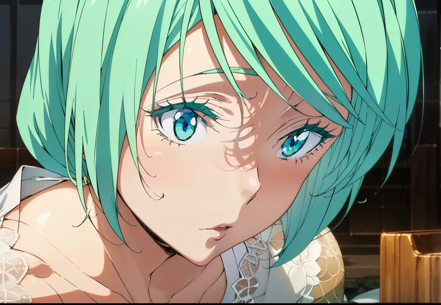 From side,Lying ,slender limbs, delicate curves, dainty hands, tiny feet,Middle breast,(((beautiful thighs))) ,in the bedroom,on the bed,
(((Mjurran,realistic white lace bra,detailed white lace panties ))),
(((Green hair,green_short_hair,green_eye,)))
masterpiece ,8k unity wallpaper,anime key visual,highest quality, High resolution, unity 8k wallpaper, (shape:0.8), highly detailed face,highly detailed eye,glowing eyes , shiny skin,fine skin,white skin,dense skin,detailed hair,highly detailed legs,perfect lighting, Detailed CG, (perfect hands, perfect anatomy),High resolution,anime key visual,Kyoto Animation,(Detailed wear ),