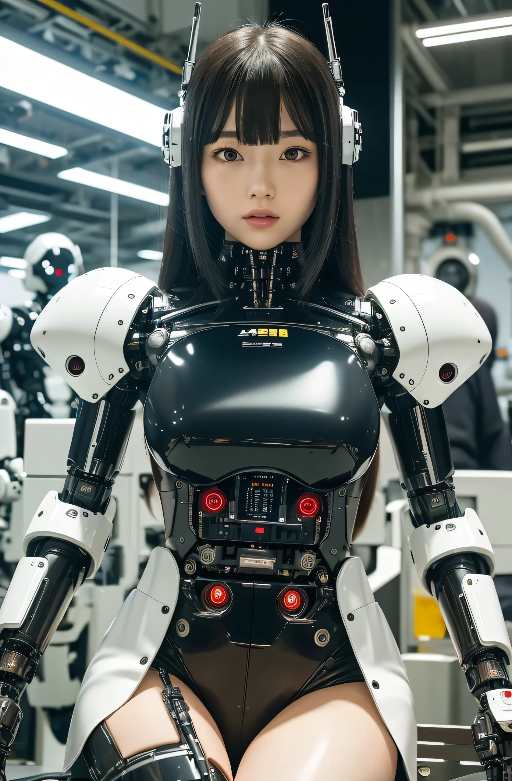 masterpiece, best quality, extremely detailed, Japaese android girl,Plump , control panels,android,Droid,Mechanical Hand, Robot arms and legs, Black hair,Blunt bangs,perfect robot girl,long tube,thick cable connected her neck,android,robot,humanoid,cyborg,japanese cyborg girl ,robot-assembly plant,She is assembling now,assembly scene