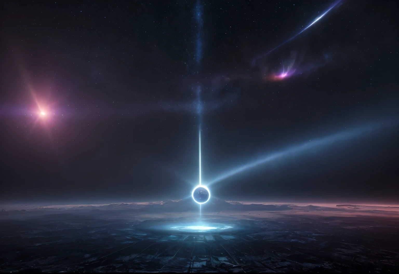 space, dreamlike, symbolism, surrealism, symbol, surreal, abstract, texture, concept art, 8k, shadowed, lightrays, atmospheric, octane render, nebula, stars --uplight, black hole, sundog, sun halo