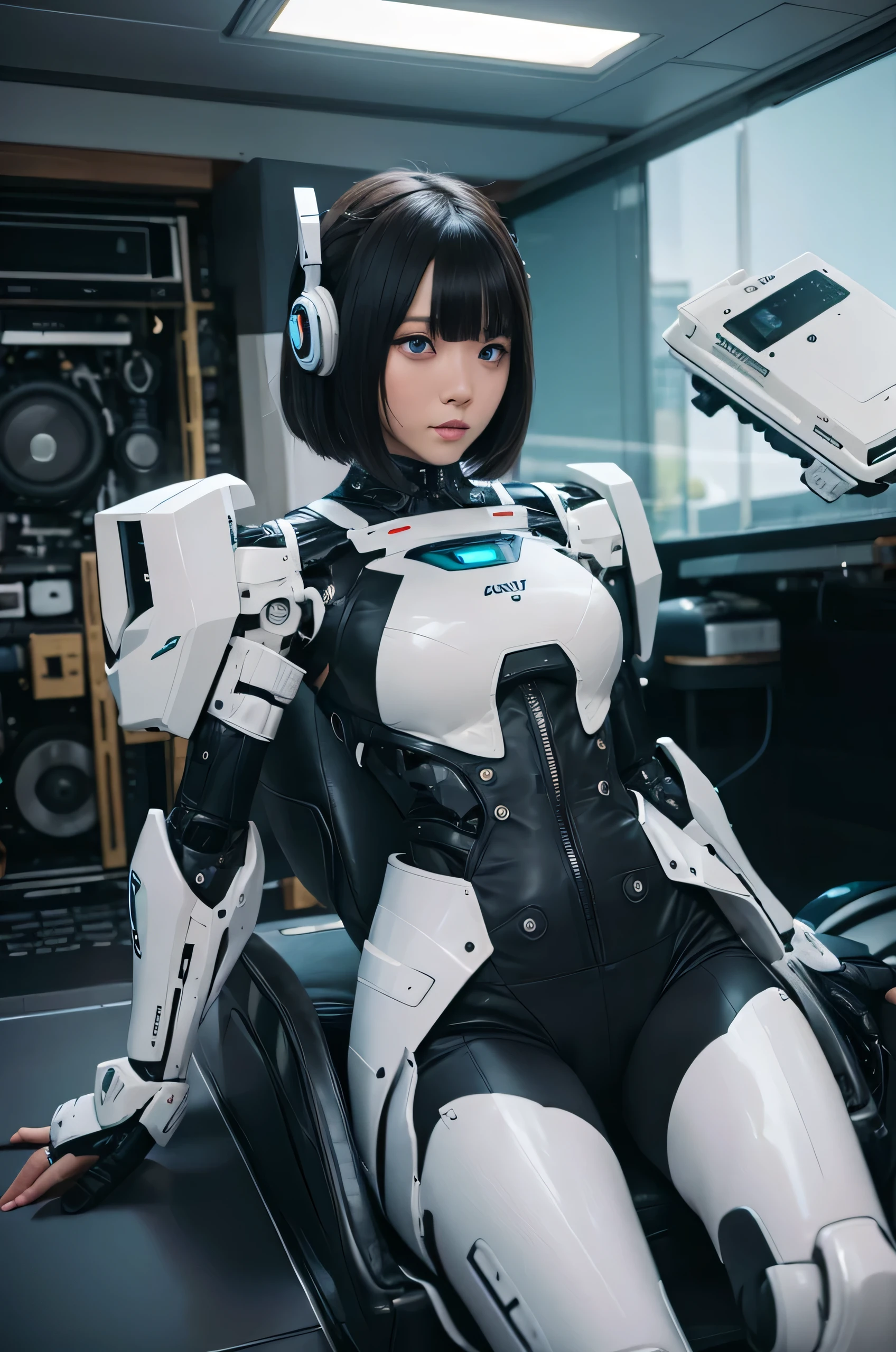 masterpiece, Best Quality, Extremely detailed, 8K Portrait,Japanese android girl,Plump,control panels,android,Droid,Mechanical Hand, ,Robot arms and legs, Black hair,Mechanical body,Blunt bangs,Charging spot,mechanical ear covers,android,robot humanoid,White robot body,mechanical ear covers,White and aqua uniform,aqua accent costume,mittens,blue eyes