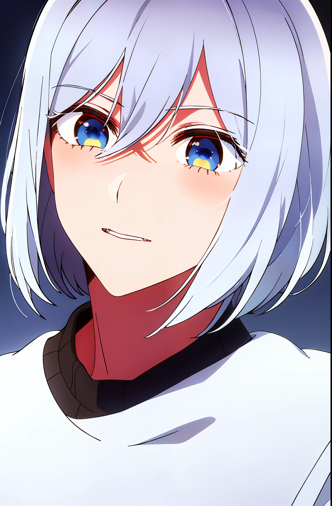 Boy, white hair, blue eyes, sharp features, white skin, orange lips, T-shirt, black sweater