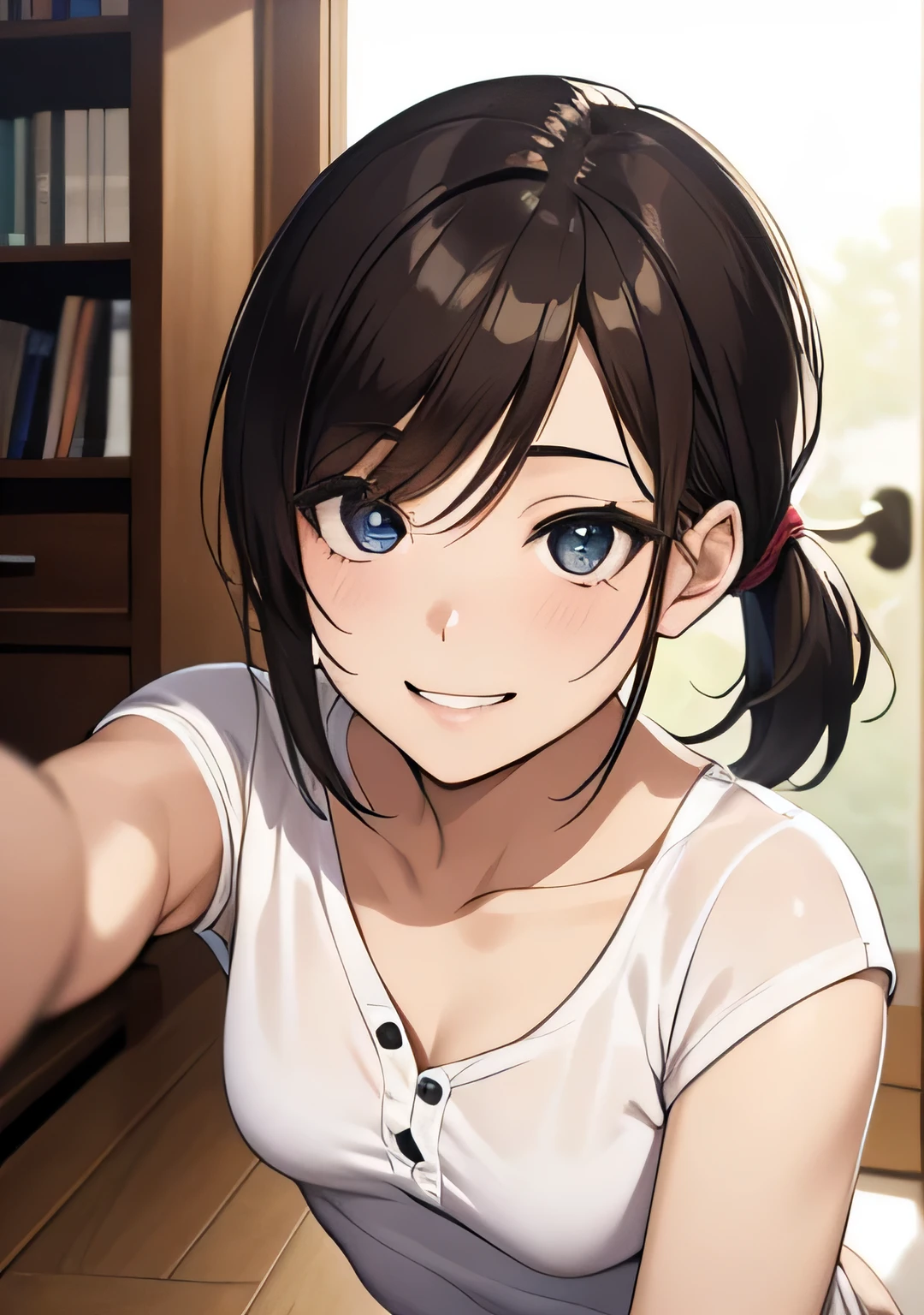 masterpiece, High resolution, High-definition CG Unity 8K,realistic,RAW photo, beautiful detailed face,detailed hair texture, beautiful face, beautiful belly、anatomically correct, symmetrical eyes,(small eyes:1.2),(single eyelid),(cute eyes:1.2),(droopy eyes:1.2), beautiful clavicle, (brown hair), (medium hair), (Low ponytail),(asymmetrical bangs:1.2),(white henley shirt),(grin eyes:1.5)、(naughty smile)、selfie、sit on the floor、