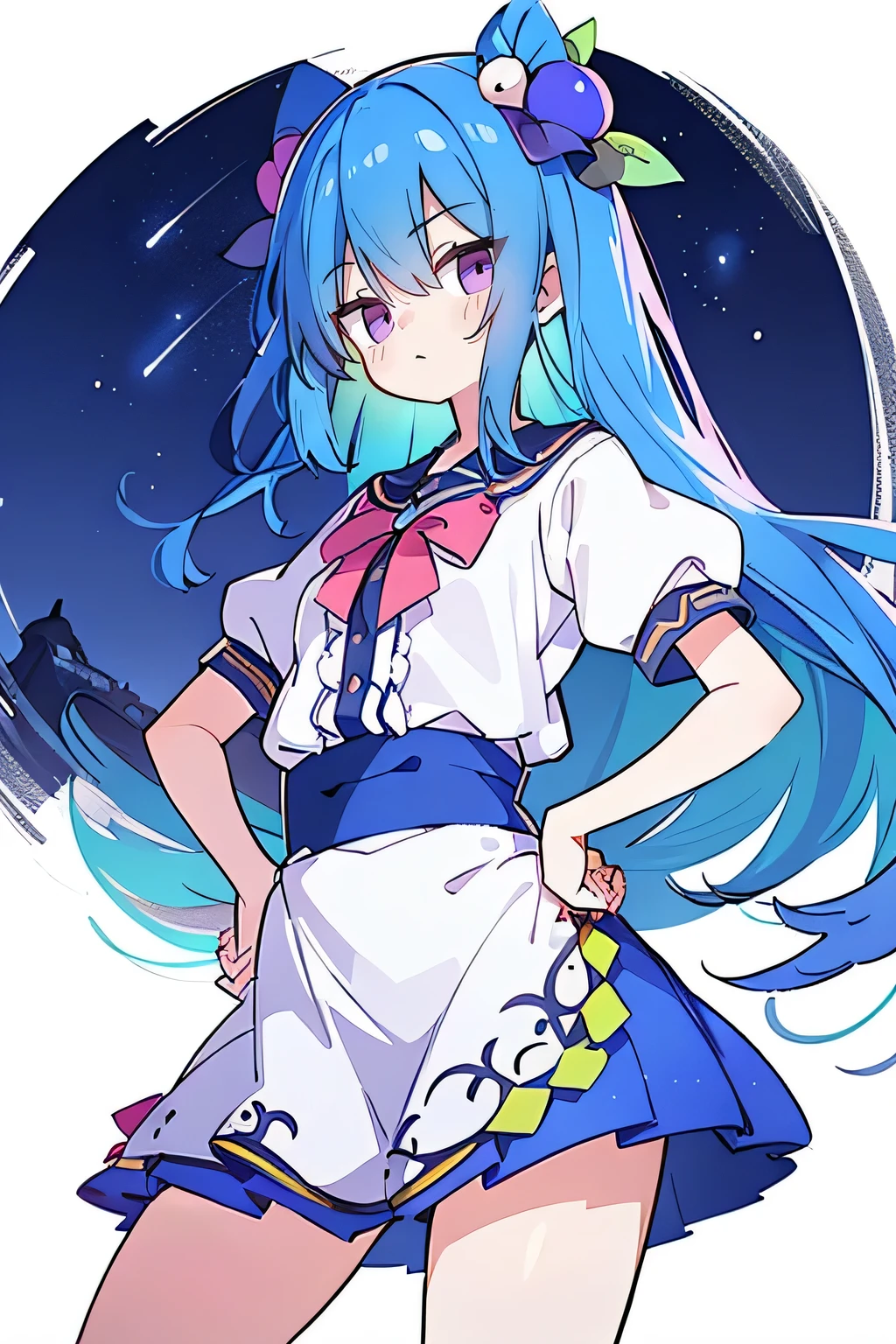 (masterpiece),best quality, expressive eyes, perfect face, 1girl,
Put your hands on your waist,fair, Gorgeous,Japanese cartoons,girl,lola,Hina Angel, blue hair, blue haired, floating clothes,Grab your waist, Grab your waist, hands on hips , hands on hips,flat chest,sit on the floor,starry sky,