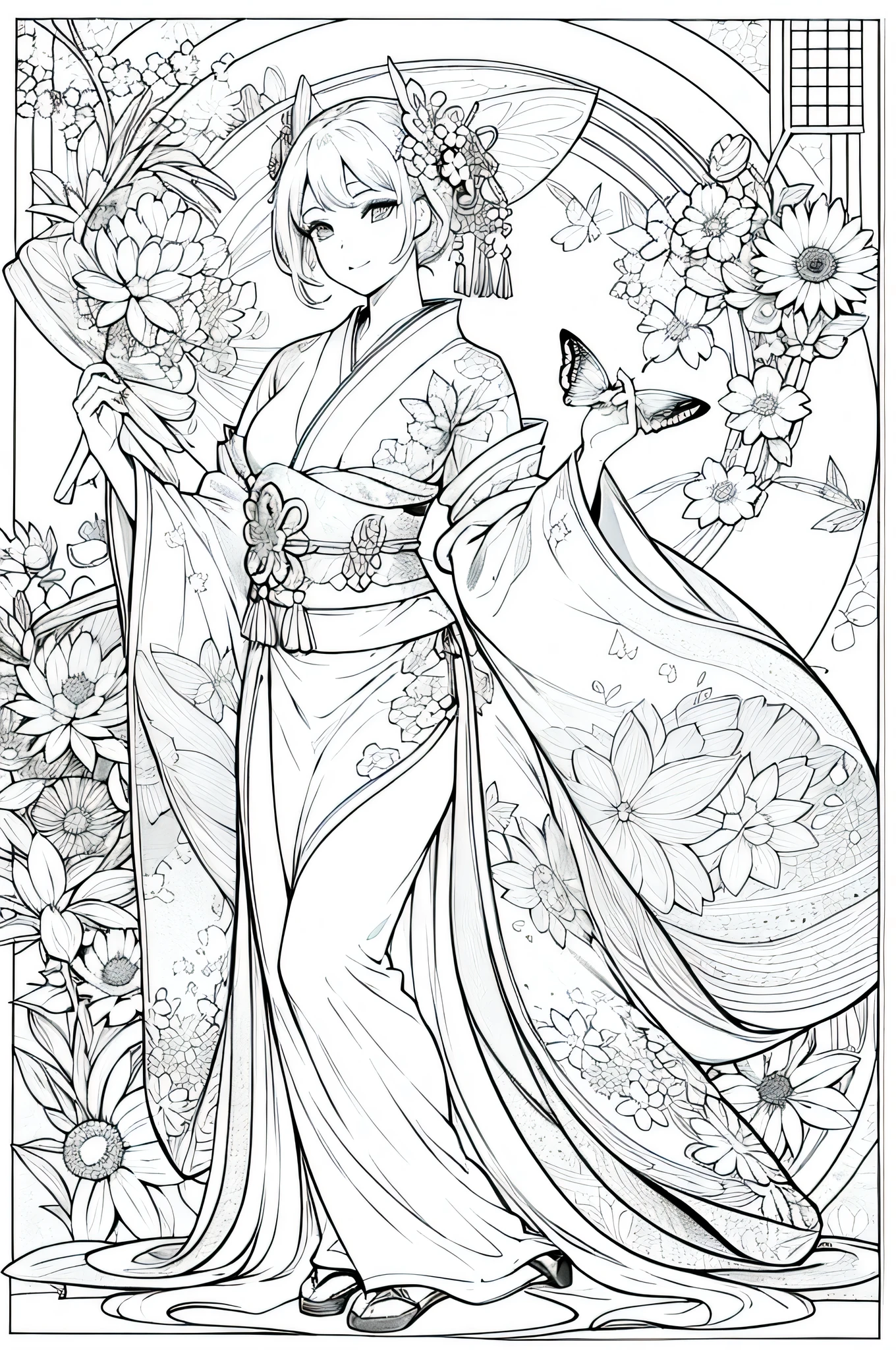 A woman dressed in a magnificent and beautiful uchikake with butterflies and flowers, nsfw, sexy, mujer de pechos grandes,acostada en el piso Tiene un rostro hermoso.. She is dressed in a luxurious kimono . El dibujo detallado sexy. alta calidad de imagen.