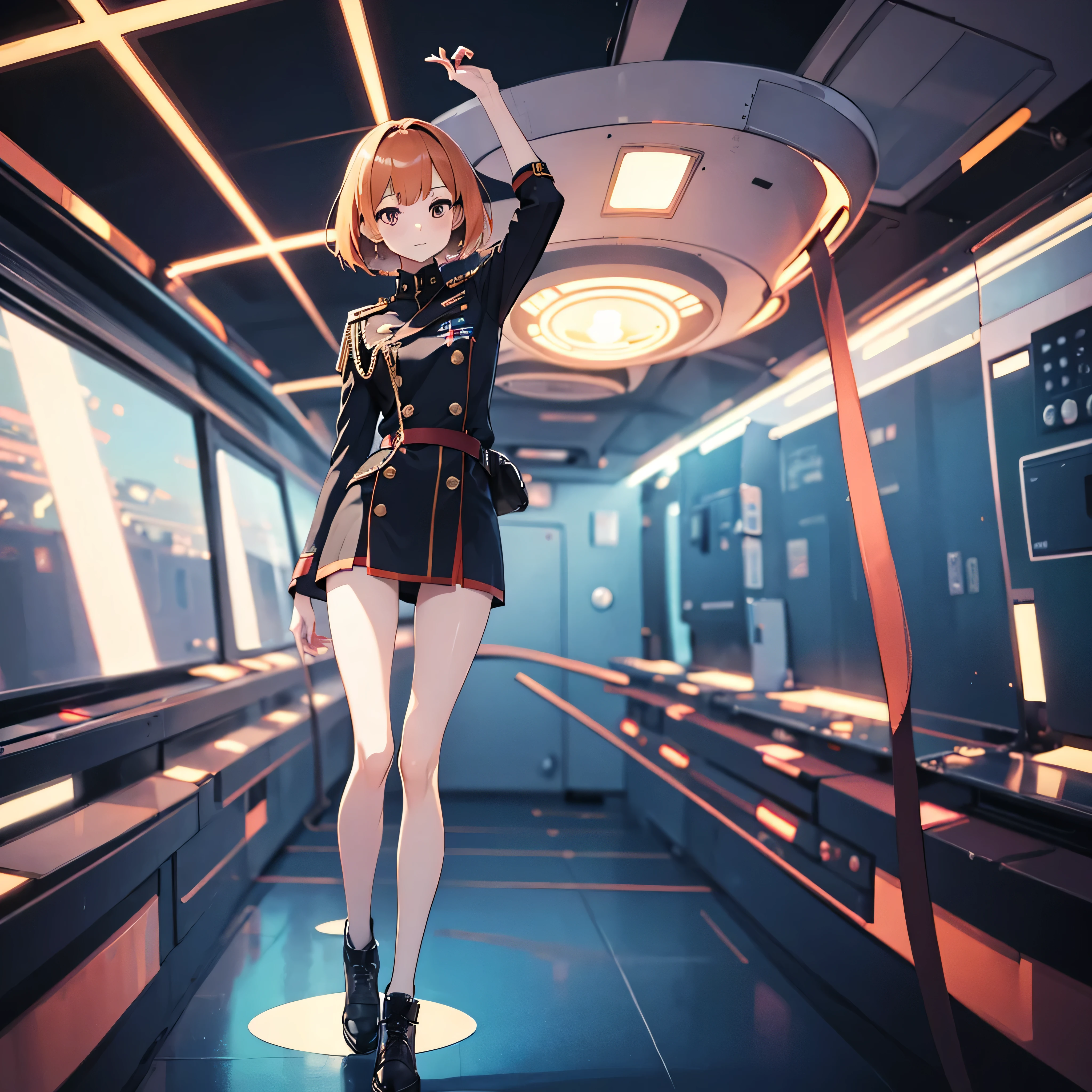 (solo), 1 childish girl standing in space ship, galaxy in distance, military uniform, too short skirt, orange short hair, long sidelocks, narrow shoulders, narrow waist, skinny long legs, thigh gap, pigeon toed, (nsfw:0.3)